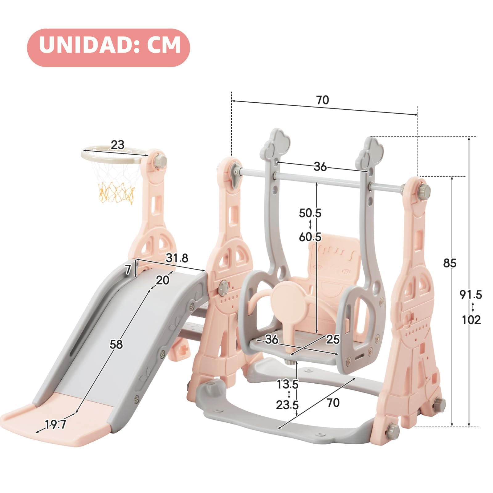 Tobogán infantil 4 en 1, para exteriores, zona de juegos interior para jardín con columpio, canasta de baloncesto y escalera de escalada, para niños de 1 a 6, interior y exterior (rosa)