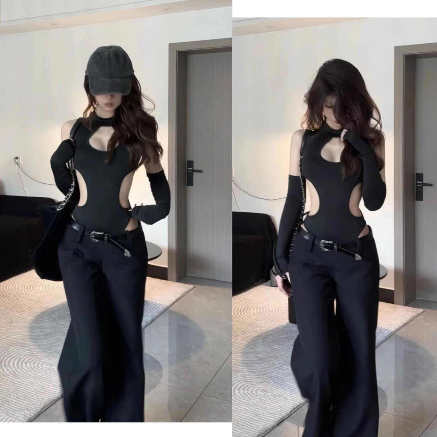 Sexy Hollow Out Body für Damen mit Abnehmbaren Langen Ärmeln Schwarz Hohl Teddy Dessous Gothic Bodysuit Y2k Frauen Cutout Jumpsuit Rave Outfit Party Clubwear Streetwear