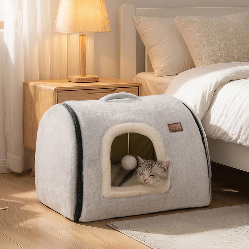 Lit pour Chat d'intérieur Doux et Confortable, avec Coussin rembourré Amovible et Lavable, lit fermé pour Chat, cachette, Tente pour Petit Chien (Gris)