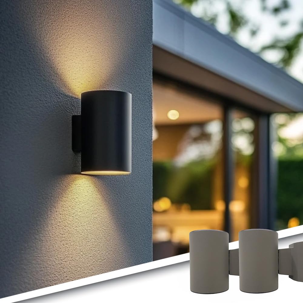 RexTech Solar Wandleuchten Sver 2er-Set, Up & Down, Rund, 2700K | Dämmerungssensor, zwei Leuchtstufen mit 25 oder 50 Lumen, schwarzes Gehäuse für Fassade und Zaun