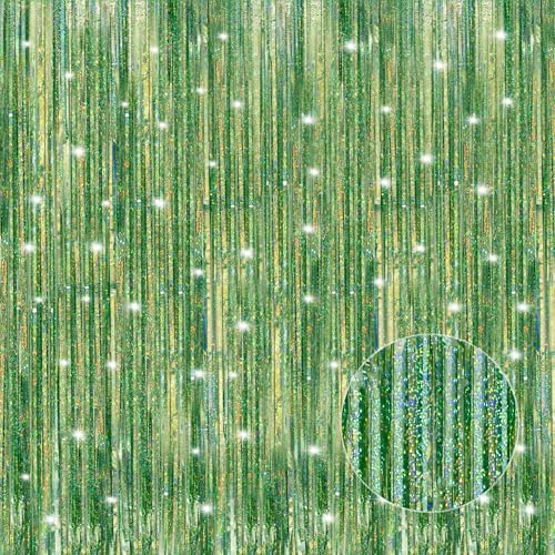 Image of Crosize 3 Pack 3.3 x 9.9 ft Laser Green Foil Fringe Curtains Party Decorations, Laser Green Tinsel Curtain Backdrop for Parties, Door Streamers, Glitter Streamer Backdrop for Birthday Decoration