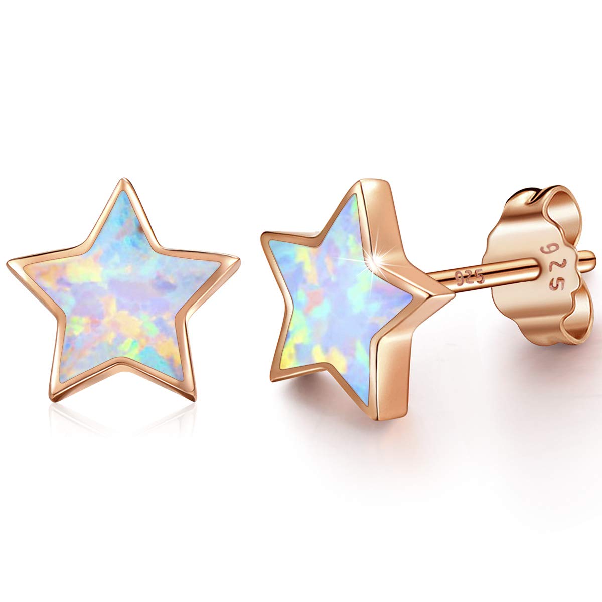 Rose Gold Star Earrings for Girls, Hypoallergenic Fire Opal Stud Earrings For Women ARSKRO S925 Sterling Sliver Little Small Tiny Cute Earring Jewelry Gifts for Sensitive Ears Toddlers Kids