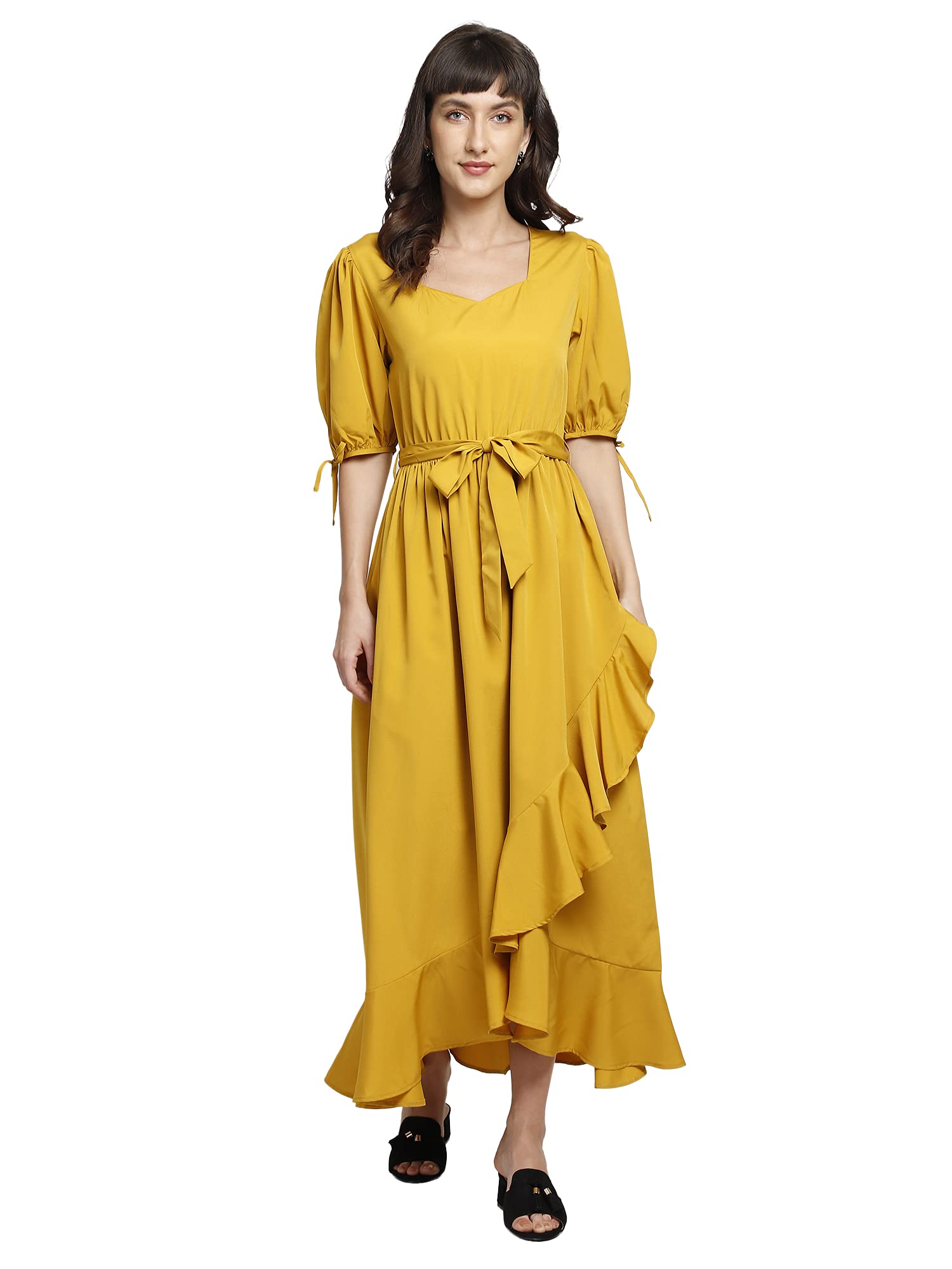 Women's Western Fit & Flare Dress Yellow Tie-Ups Short Sleeves Ruffle Hem Belt