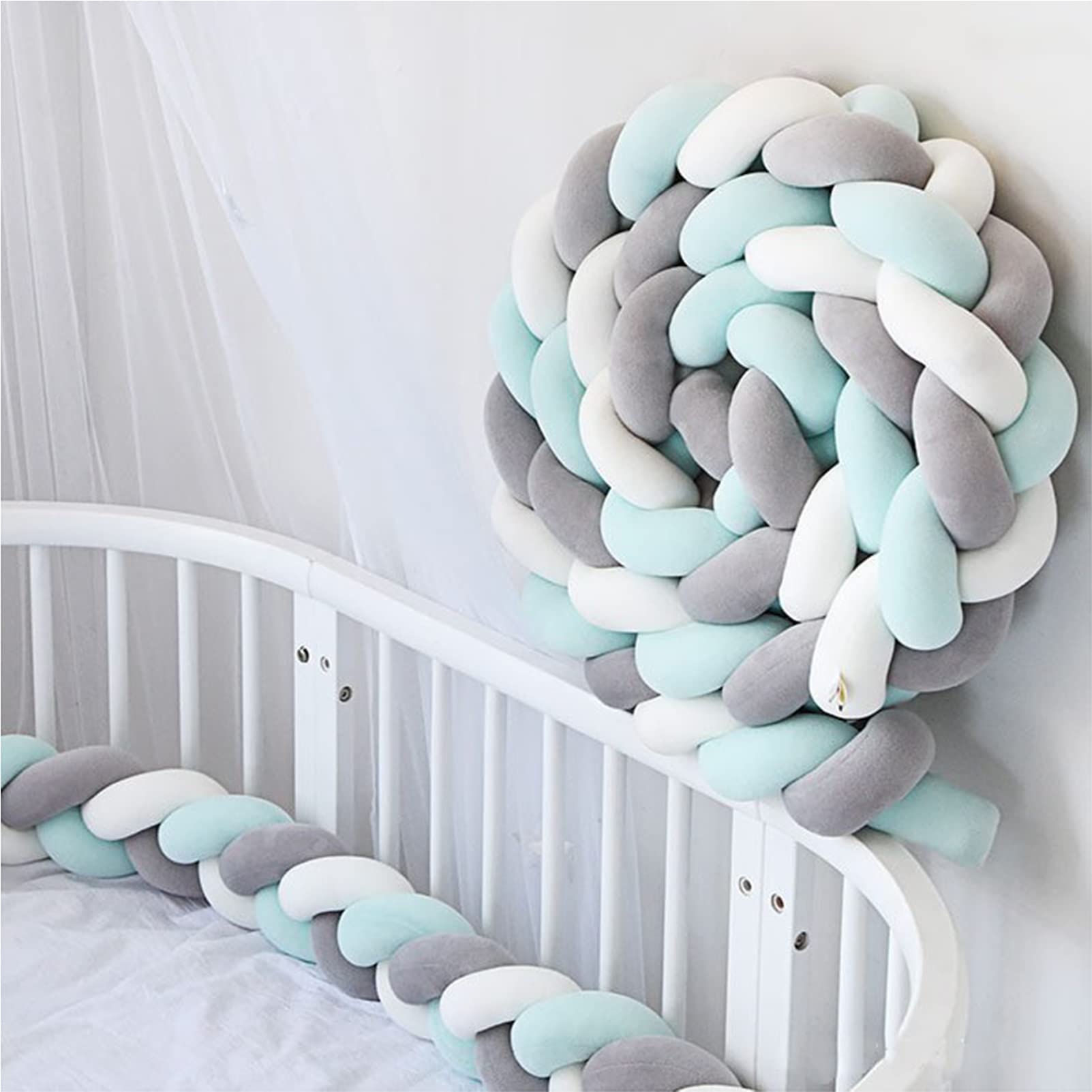 DLMAONN 2m Baby Crib Bumper Hand Woven Soft Knot Pillow Baby Bedding (Green & Grey & White)