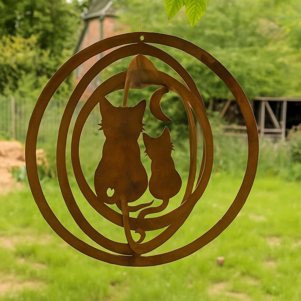 Windspiel aus Edelrost mit 2 Katzen - 3D Metall Windspiel für Garten - Balkon - Rostdeko Hängedeko - Geschenkidee für Katzenliebhaber - Ø ca. 24 cm