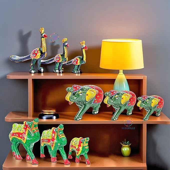 Hand-Painted Paper Mache Camel, Peacock and Elephant Set, Traditional Indian Folk Art Decor, Green, Set of 9
