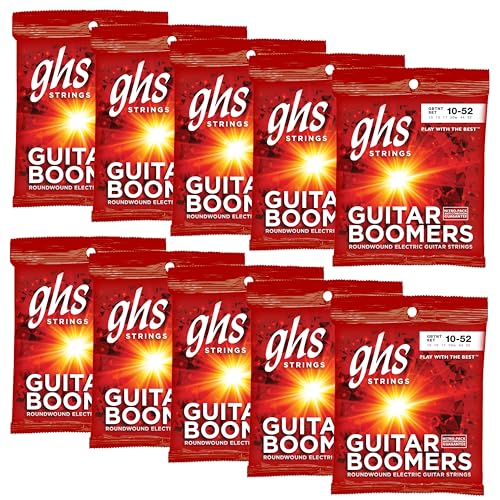 Image of GHS Strings, GBTNT Boomers, Nickel Plated Steel Electric Guitar Strings, Legendary Strength, Unrivaled Sustain, Brightness & Tone. For 6-String Guitar 10-52 Thin & Thick (TNT) Gauge - 10 SETS