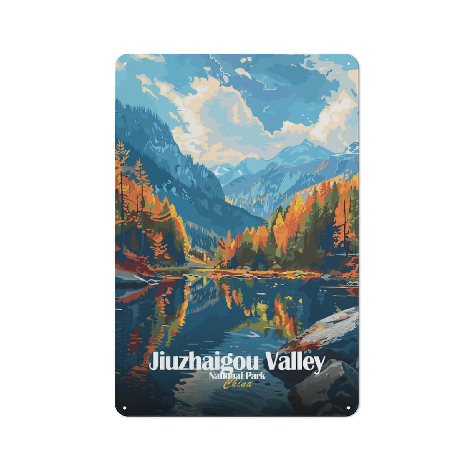 Junmoney Style-2 Workshop Style Garage Metal Sign 30X20cm Featuring Jiuzhaigou Valley National Park China, Industrial Wall Art For Workshop, Basement, Shed Or Games Room