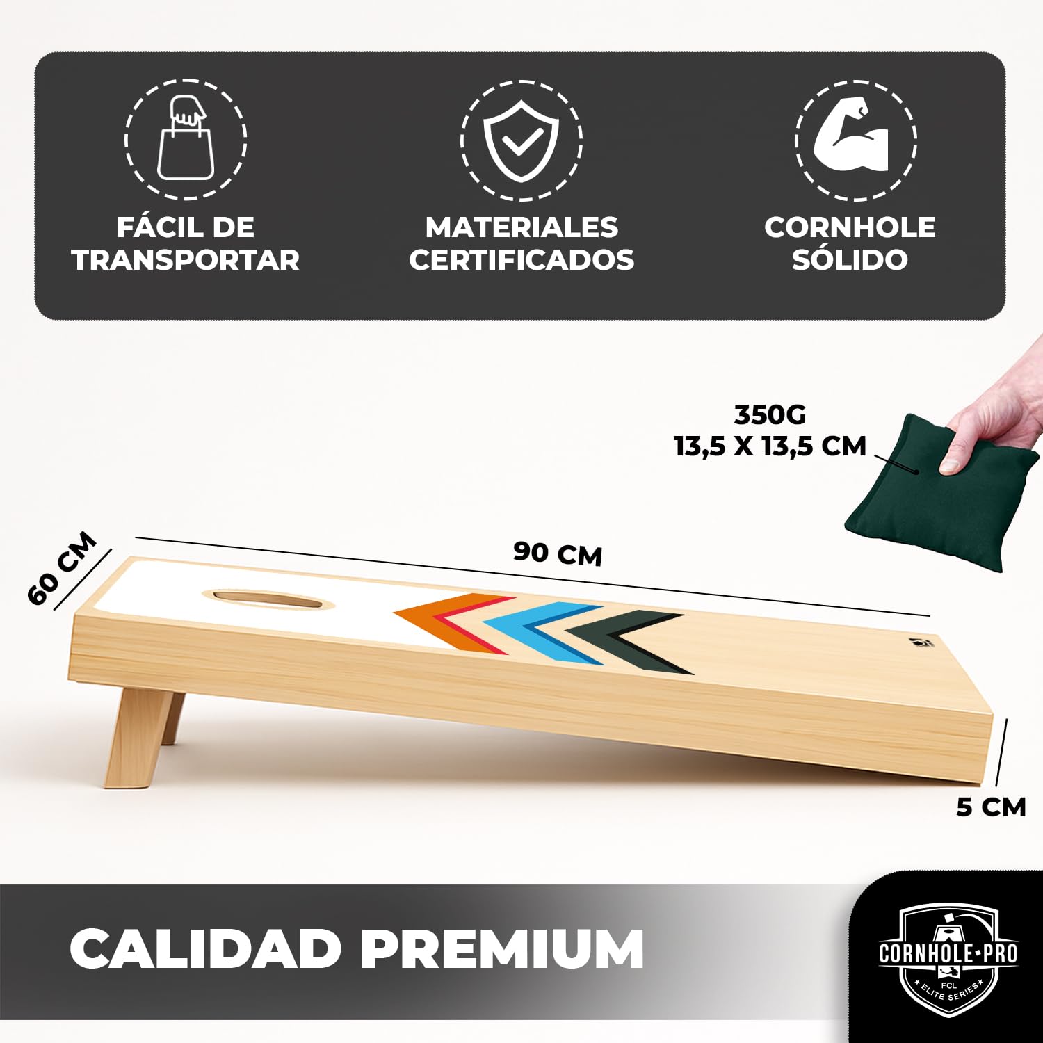 Cornhole Oficial de Madera – 90×60 cm – 2 Tableros + 8 Sacos – Set Completo con Bolsa de Transporte – Juego Exterior para Adultos – Jardín, Playa – Original Corner