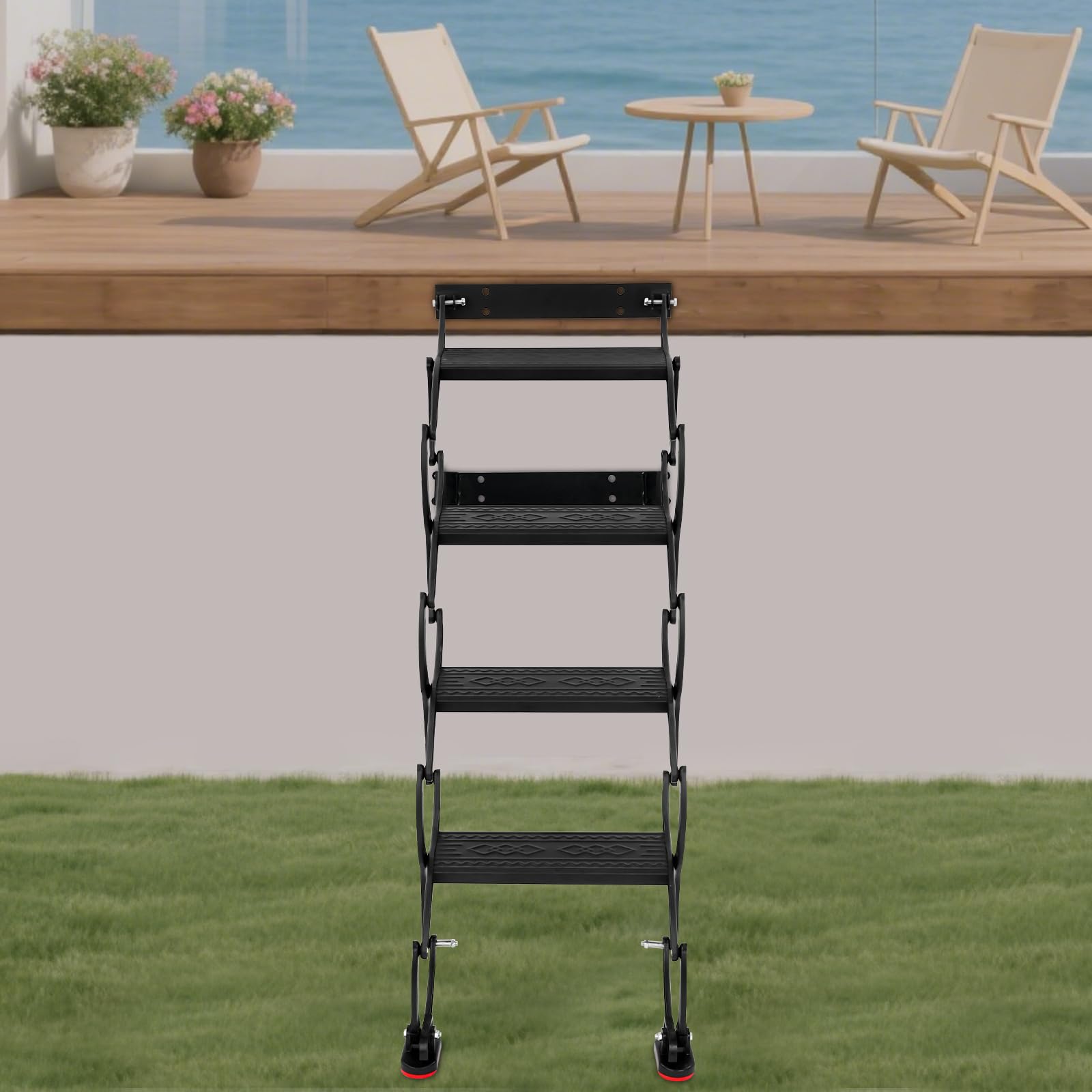 Escalera plegable extensible de 4 peldaños montada en la pared con peldaños antideslizantes, escalones telescópicos, para ático, garaje, sótano, negro, capacidad de carga 200 kg