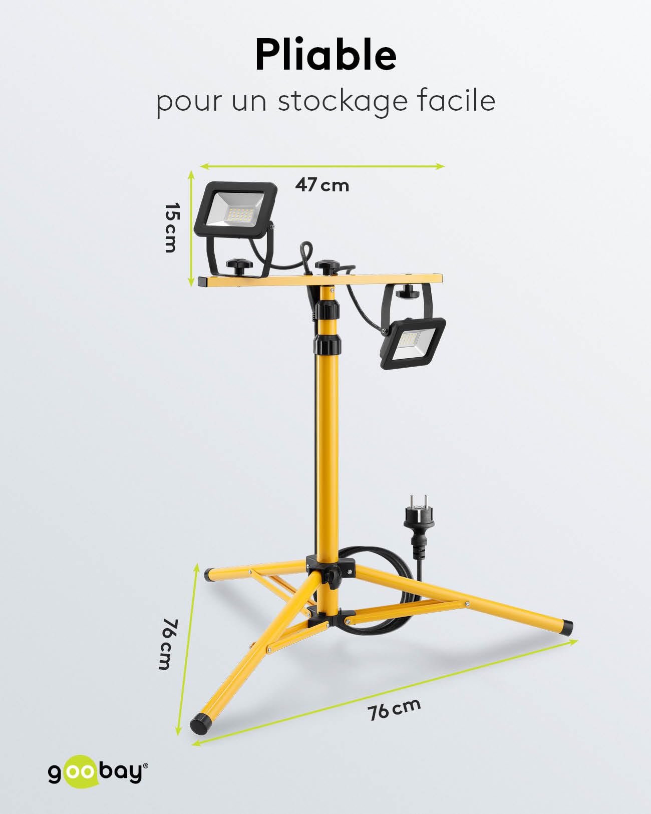 goobay 57845 Projecteur de chantier LED sur pied télescopique 2 x 20W / 3400lm / Lumière blanc neutre - 4000K / Pour l'intérieur & l'extérieur - IP65 / Noir/Jaune