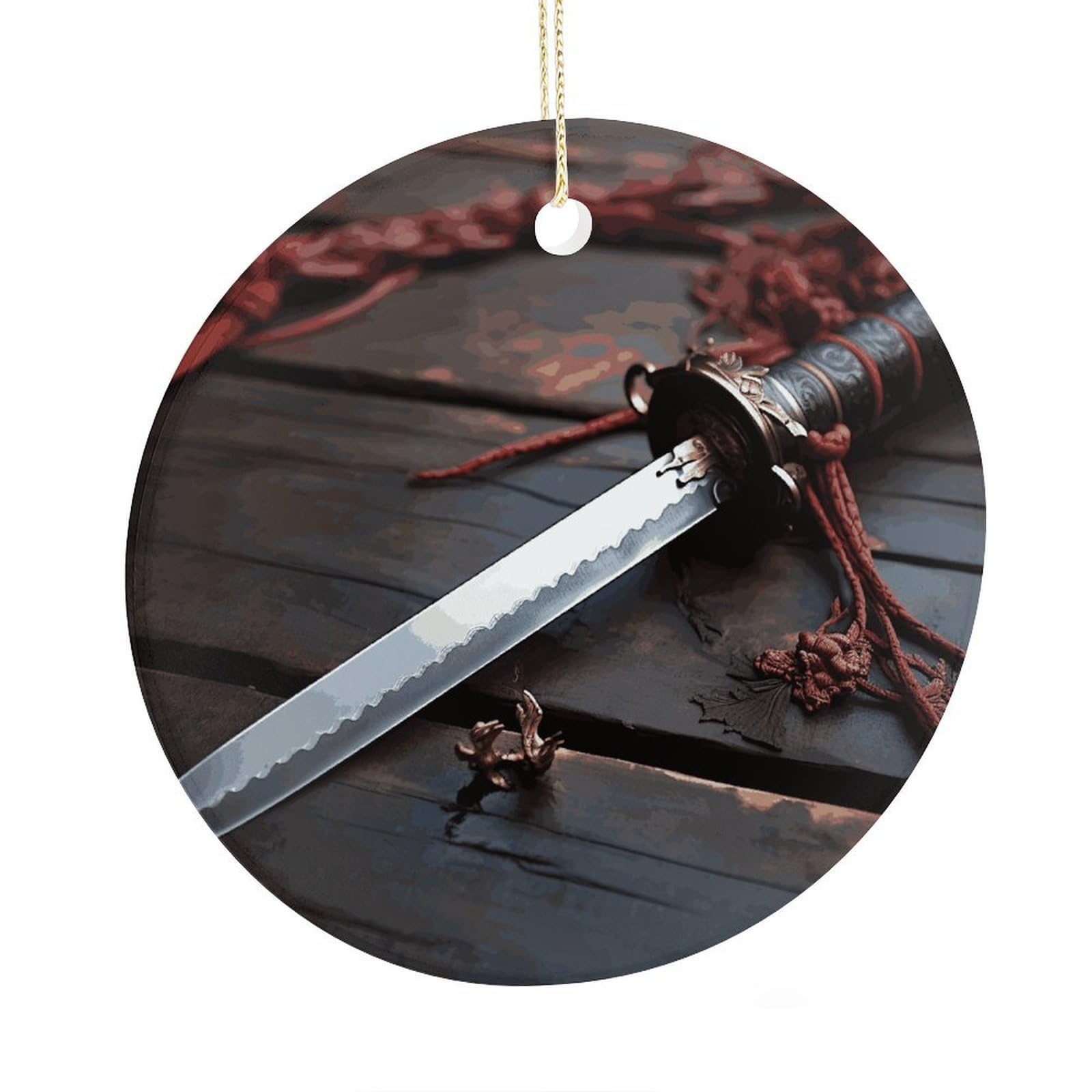 Fekiloot Style Japan Samurai Sword Christmas Ornaments 2.9 Inch Round Ceramic Ornament Keepsake Thank You Gifts For Office, Room, Home - Holiday Present Ideas
