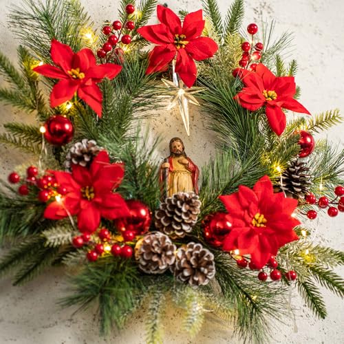 YULETIME-20-Pre-Lit-Nativity-Wreath-Battery-Operated-with-10-Fairy-Lights-Holy-Family-Nativity-Statue-Star-of-Bethlehem-Pine-Cones-Red-Poinsettia-Berries-Pine-Needles-Nativity-Poinsettia YULETIME 20 Pre Lit Nativity Wreath Battery Operated with 10 Fairy Lights Holy Family Nativity Statue Star of Bethlehem Pine Cones Red Poinsettia Berries Pine Needles Nativity Poinsettia
