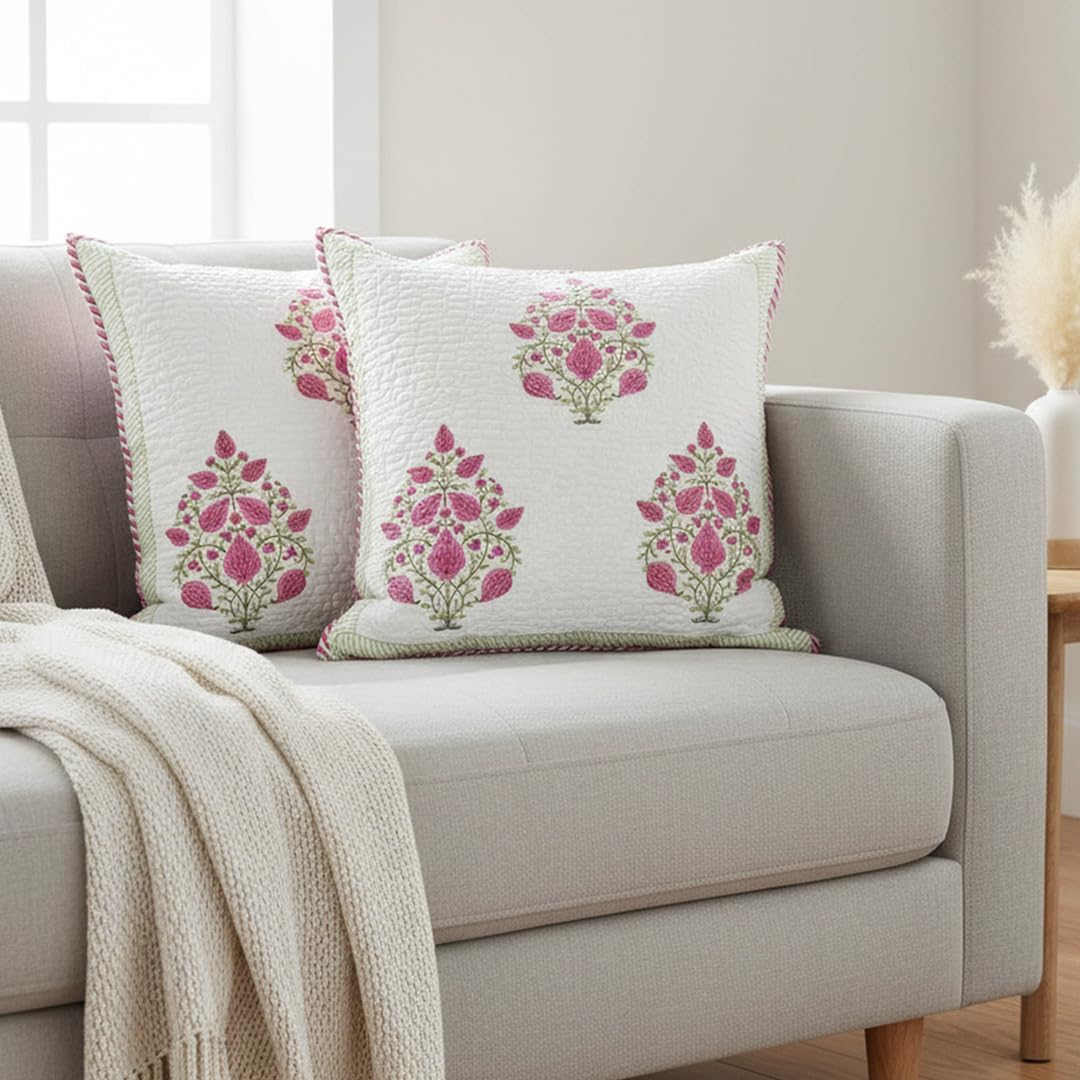 HOMEMONDE Quilted 24 X 24 Inches Soft Throw Cushion Cover - Pack of 2 Jaipuri Hand Block Print Cotton Pillow Covers, Pink, 300 TC