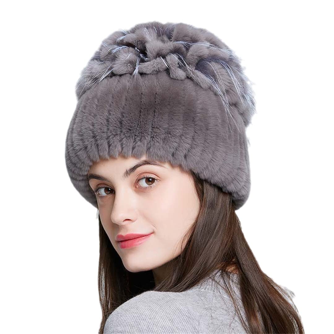 Sombreros de Piel de Mujer para Invierno Gorro de Piel de Conejo Natural Moda Femenina Gorros Gruesos y cálidos Gorros 107 52-58 Cm