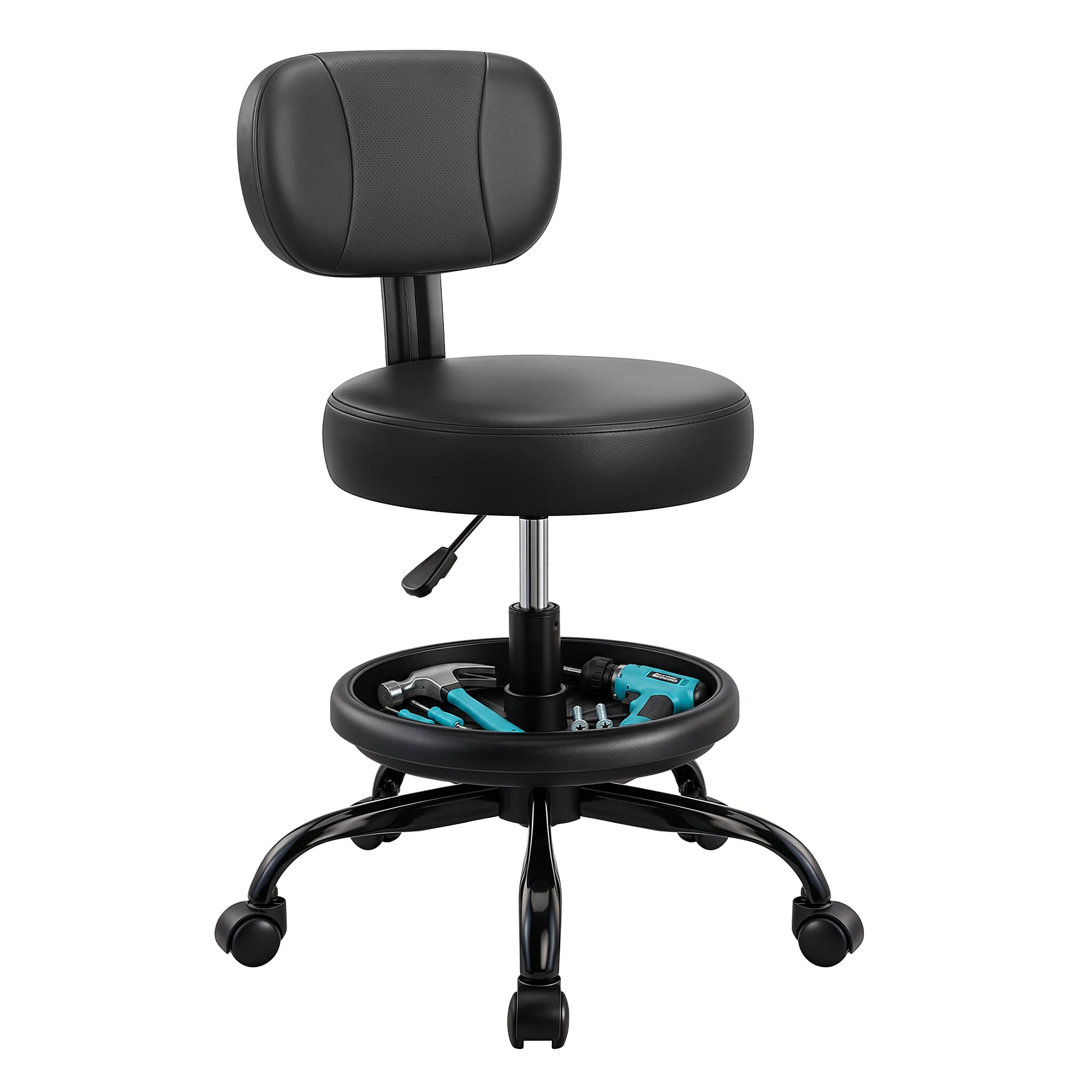 Rolling Garage Mechanic Shop Stool with Backrest, Height Adjustable Heavy Duty Swivel Task Chair with Footrest &amp; Storage Tray, Mobile Workshop Stool for Auto Repair, Salon, Lab, Tattoo Shop (Black)