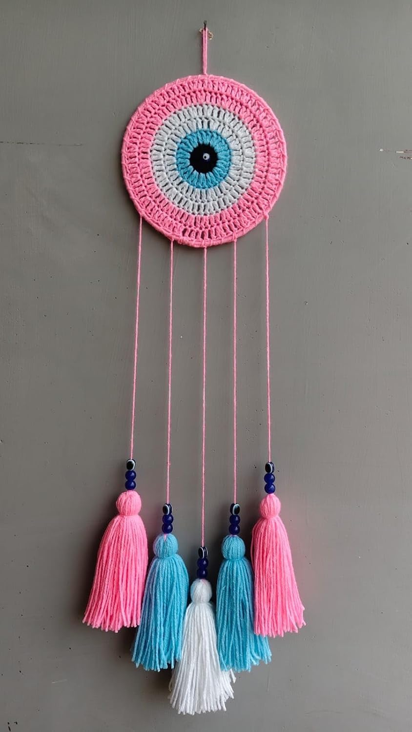 Handcrafted 6 Inch Small Evil Eye Blue Shade Tasseled Crochet Dream Catcher Wall Hanging for Home Bedroom Living Room Office Decor (Pink)-image-38