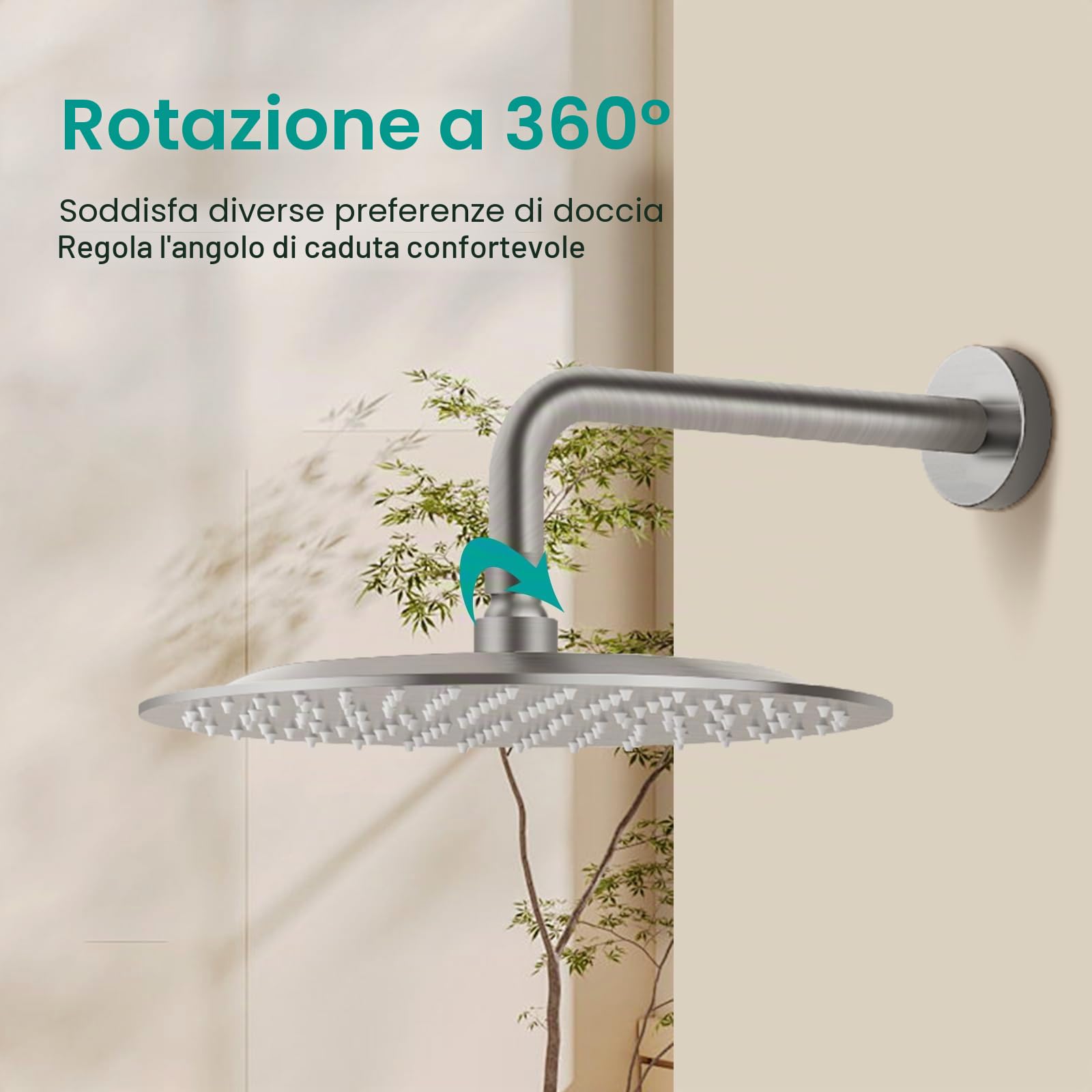 Docce Fisso Rotondo Soffione Doccia a Pioggia in Acciaio Inox Soffione Doccia a Pioggia con Getti In Silicone Anticalcare 304 Acciaio Inox Ultra Sottile (Argento, 25 cm)