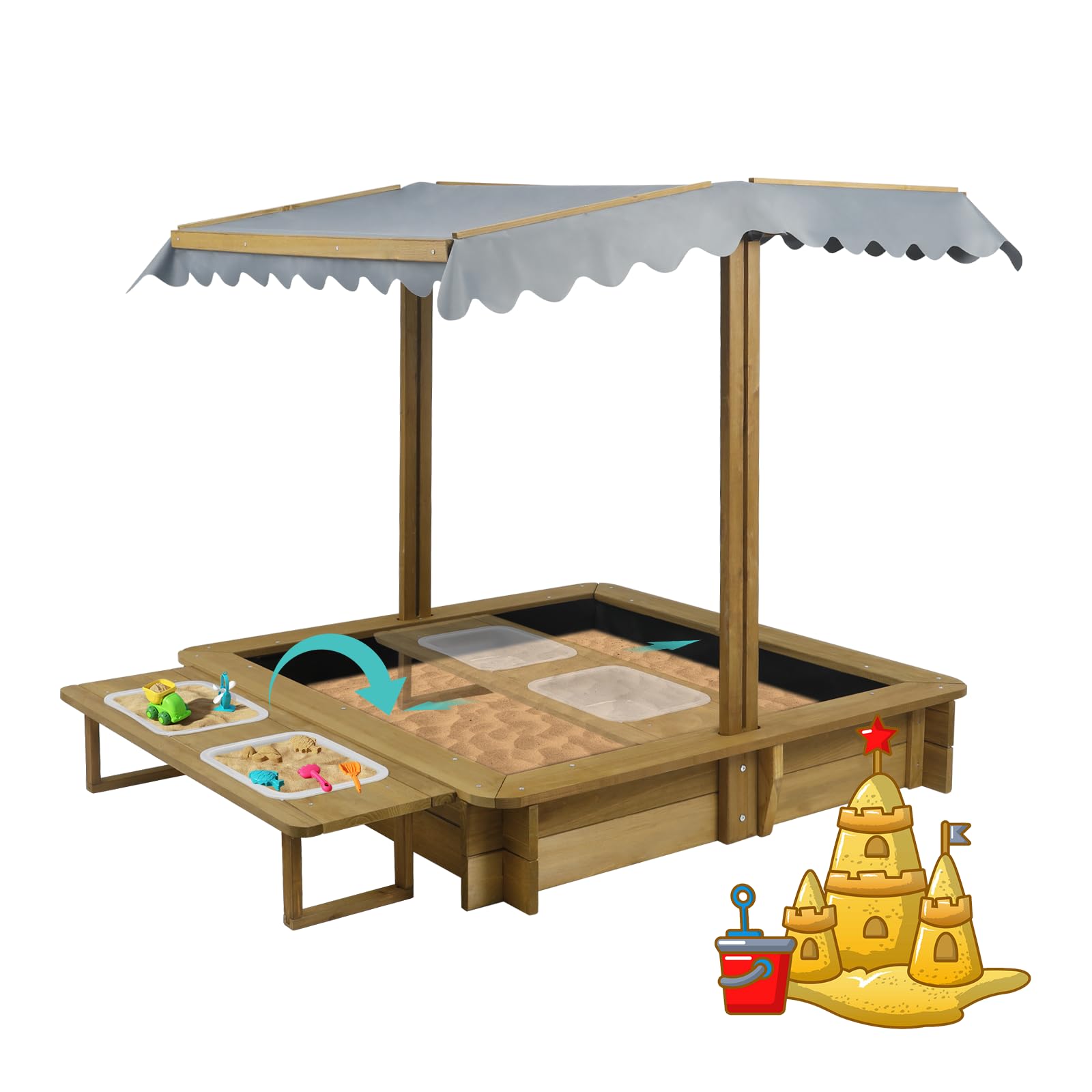Outdoor Kids Sandbox with Lid, Wooden Sand Box with Cover, with 2 Side Buckets, Adjustable Canopy & UV-Protection, Natural fir/Smooth Surface, Sand Box for Kids Ages 2-8?45.3x45.3in?