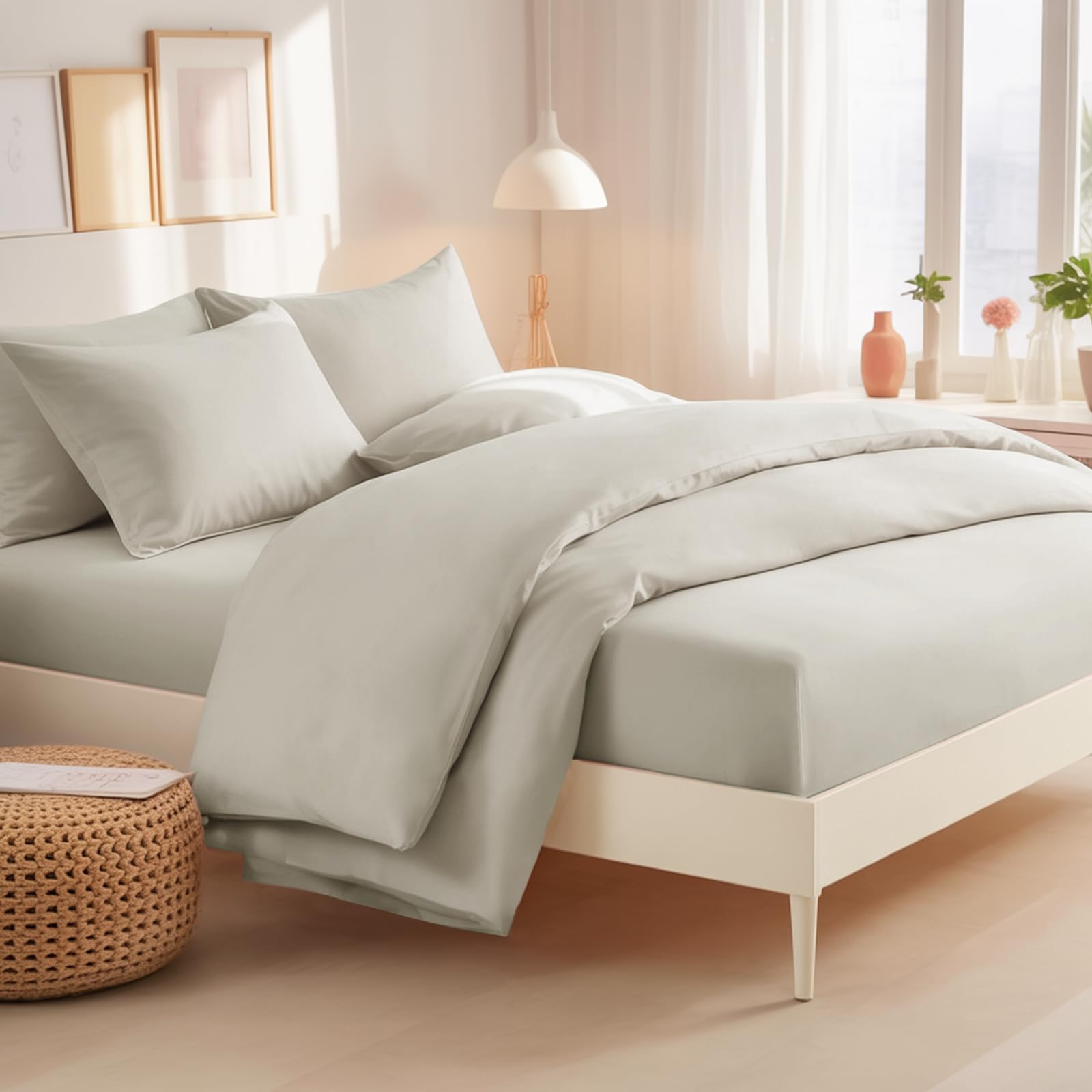 RUIKASI Super King Bedding Sets - 4 Piece Bed Set Superking Bedding, Deep Pocket Fitted Sheet and Duvet Cover with Pillow cases, Soft Microfiber Duvet Set with Zipper, Beige