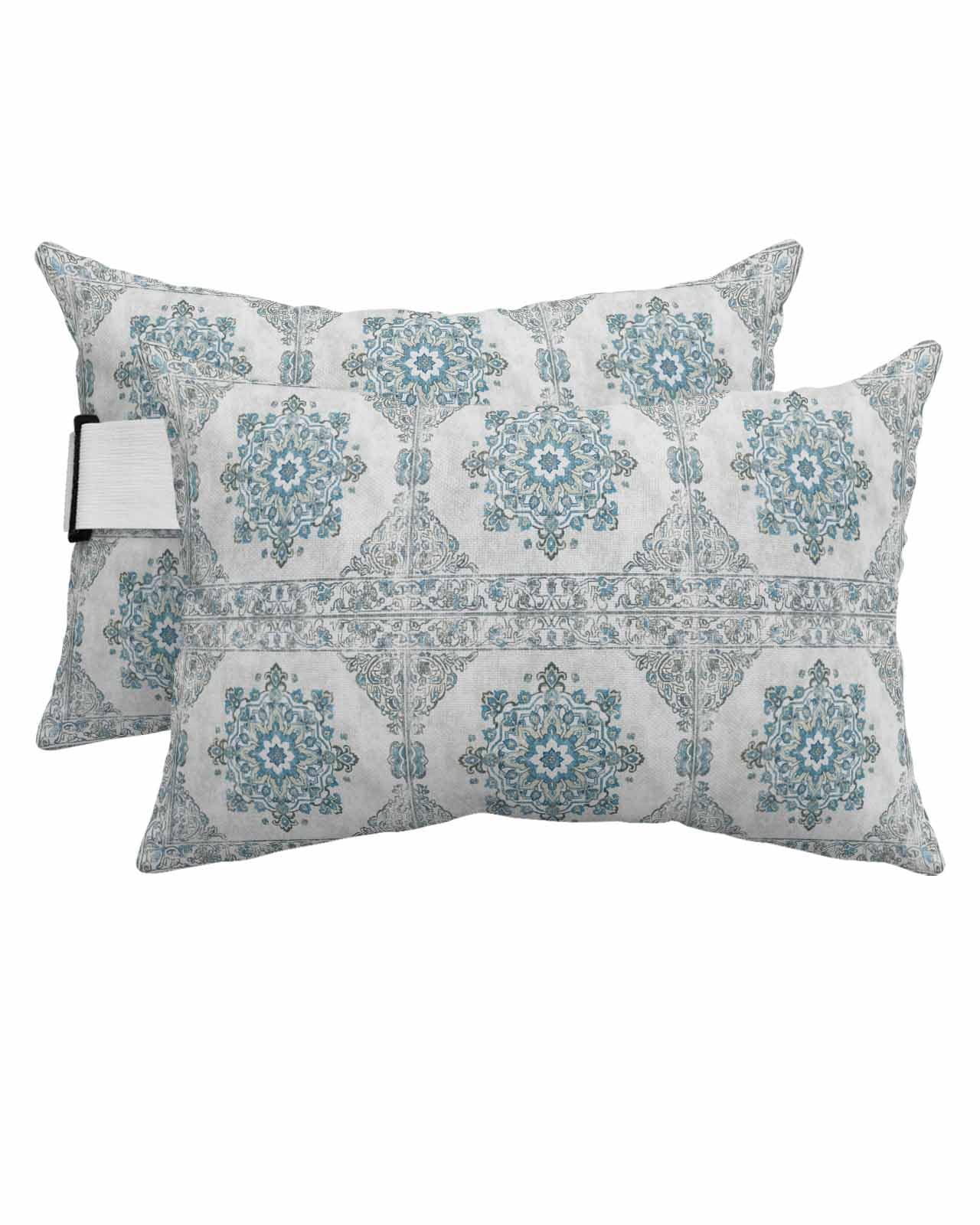 Anzona Pack of 2 Vintage Teal Lumbar Pillow Covers, Outdoor Waterproof Throw Pillow Covers Set, Boho Ethnic Mexican Floral Southwestern Decorative Cushion Case for Patio Beach, 11x16 Inch