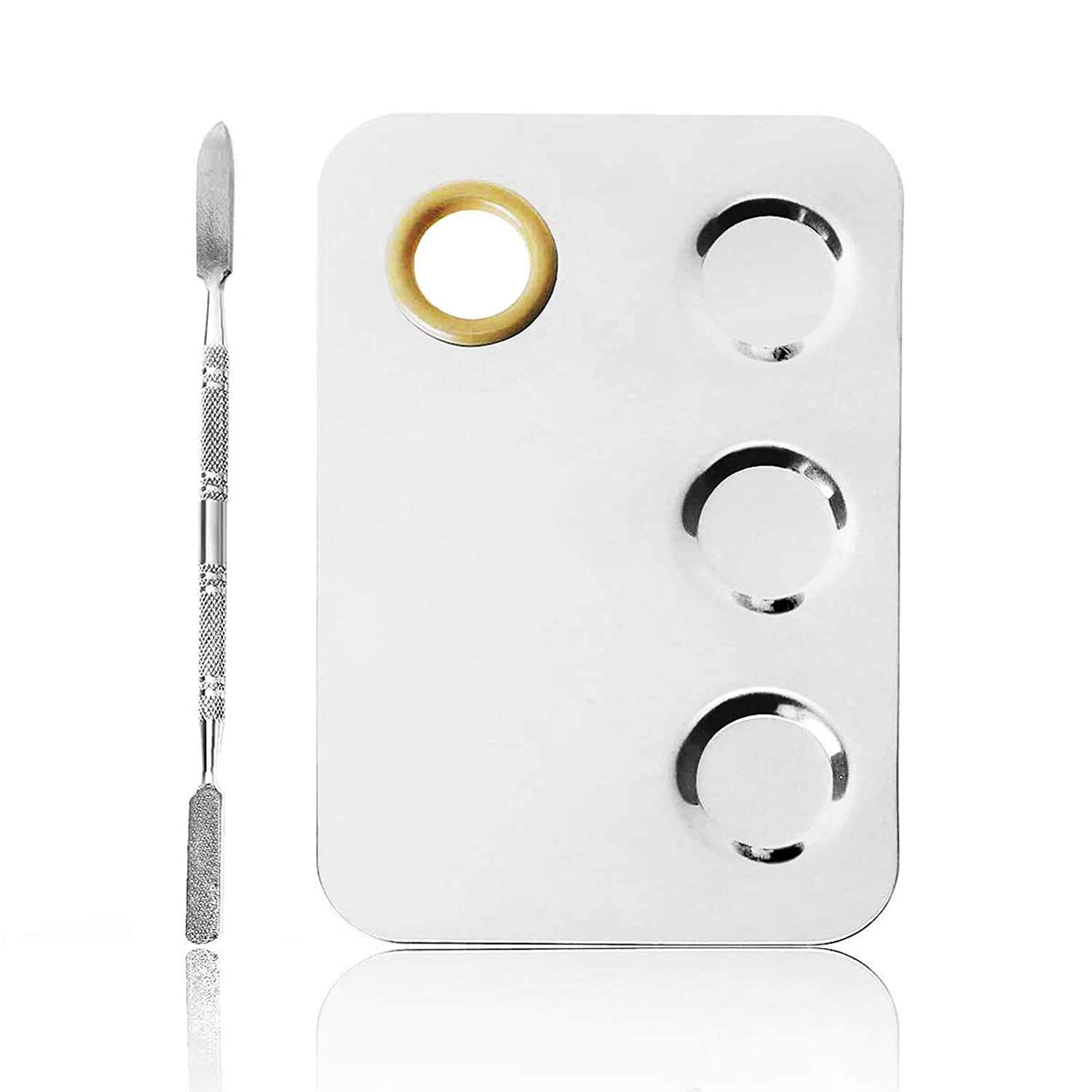 ZemGlam Stainless Steel Womens Cosmetic Makeup Mixing Plate with Spatula Tool (Color : Silver)-image-3