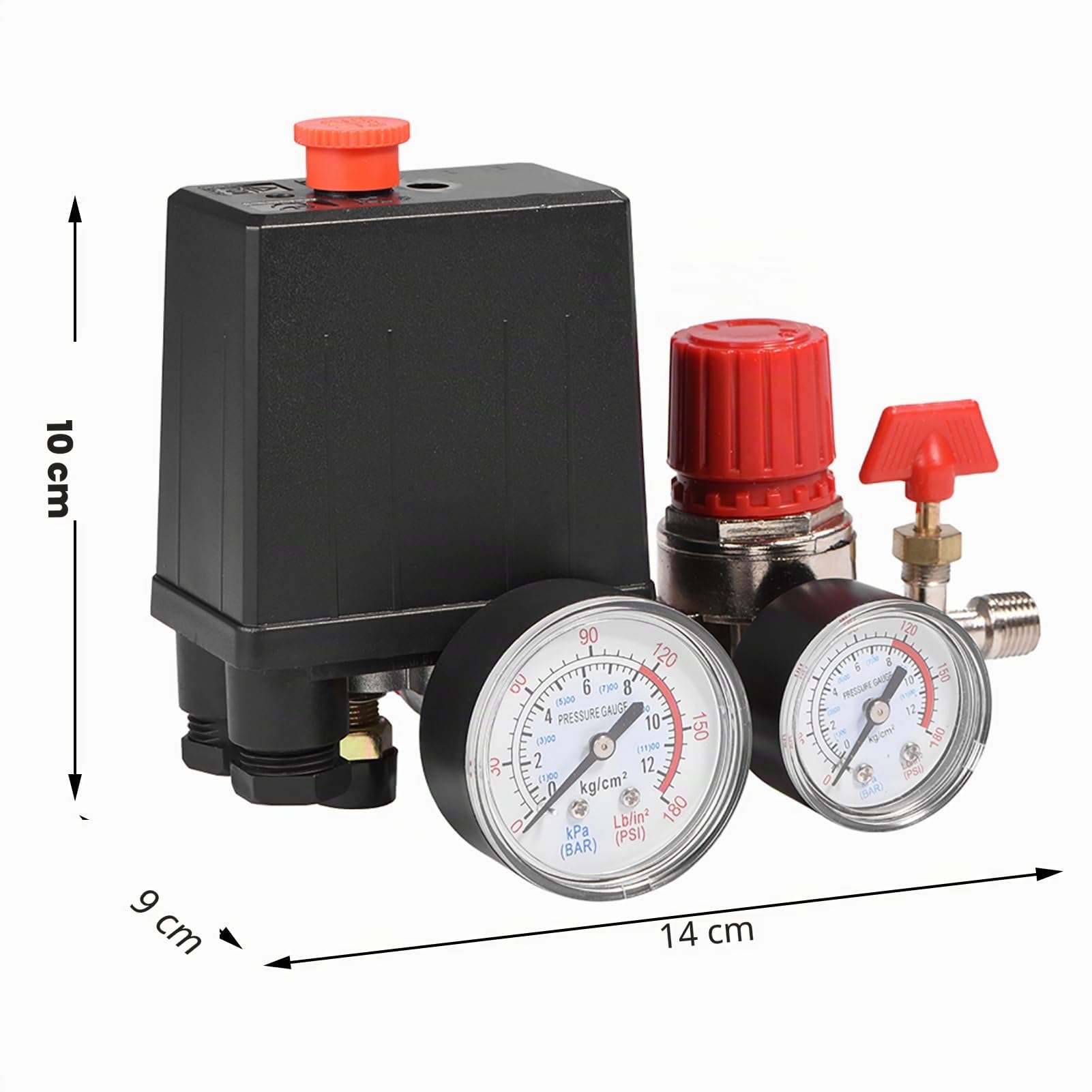 Compresseur d'air 12 bar, Pressostat Compresseur d'air, pour régulateur de soupape de commande de commutateur, 0.05-1.2Mpa, 3000L/min, Connector: 2-G1/4, Gauge diameter: G1/8 240V, 30-180 PSI