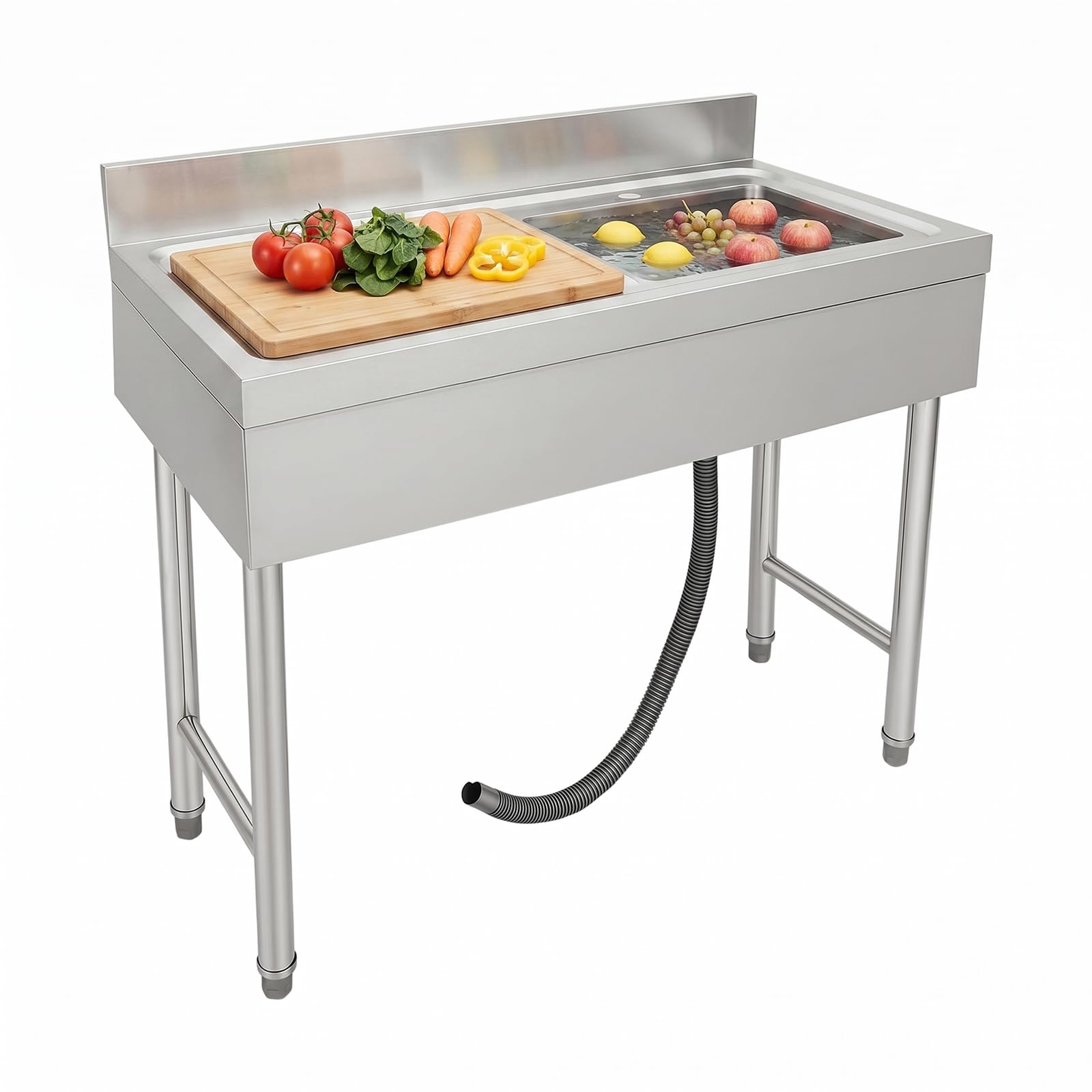 Lavello da Cucina Indipendente in Acciaio Inox 100x50x80 cm con Piano d'Appoggio e Filtro, Autoportante con Gambe Regolabili da 1 a 3 cm, Capacità di Carico 150 kg, per Ristorante e Garage, Argento
