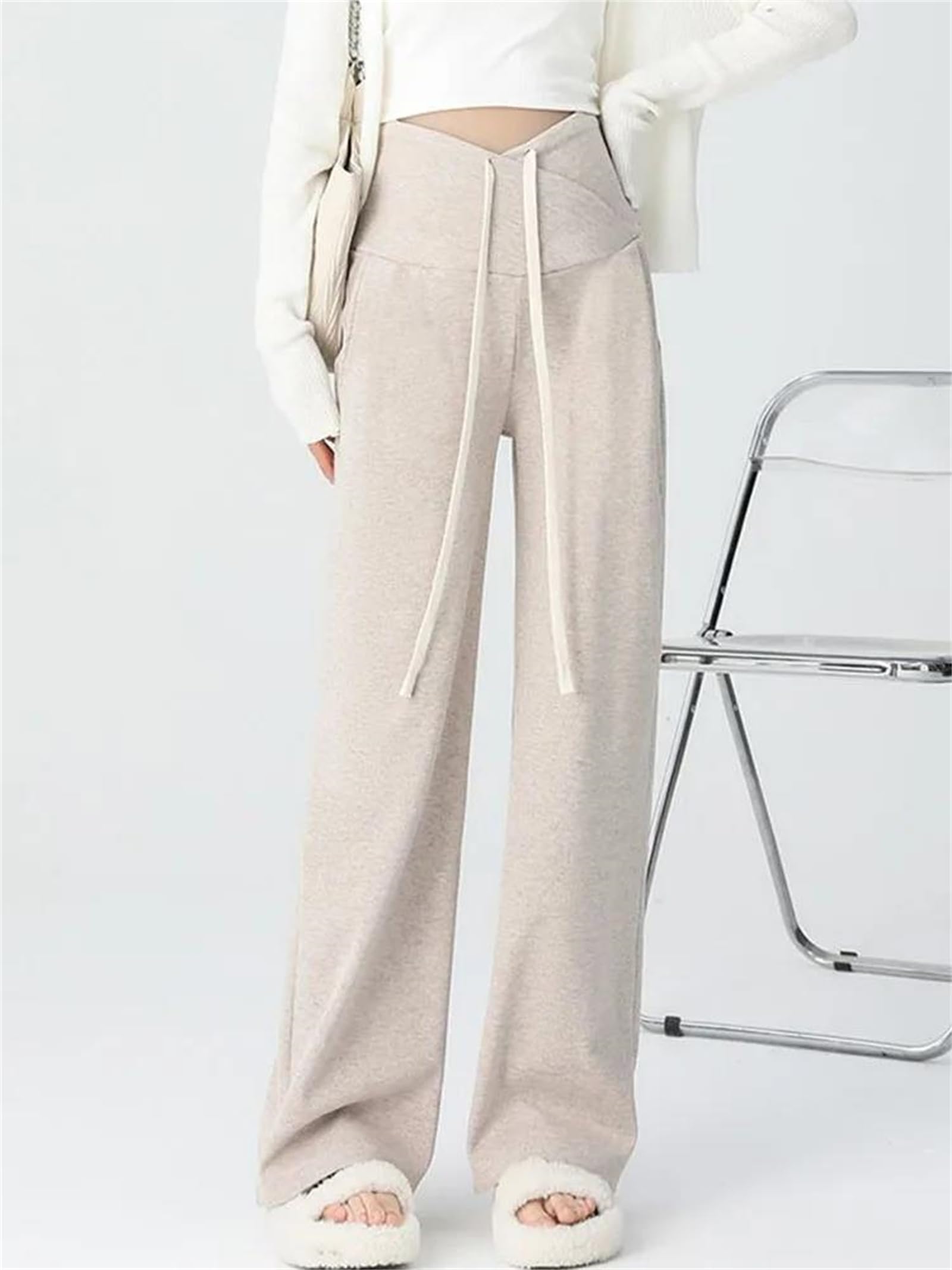 Pantaloni da donna a vita alta, gamba larga, casual, con lacci, premaman