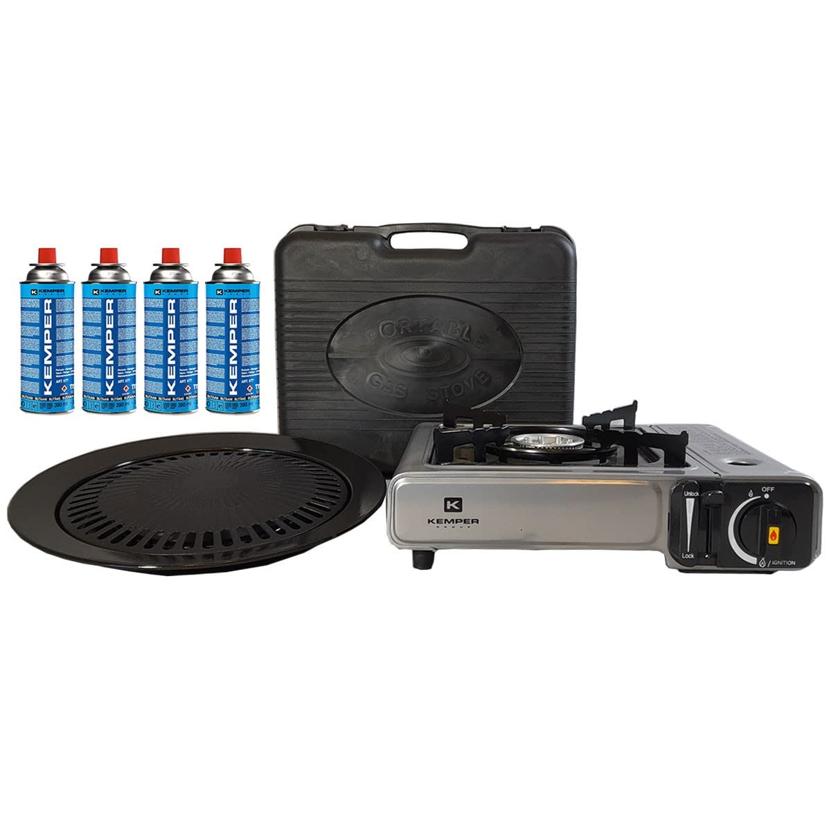 KEMPER - Barbecue Grill 2 in 1 fornello a gas piezo 2200 W + piastra grill + 4 cartucce gas butano campeggio