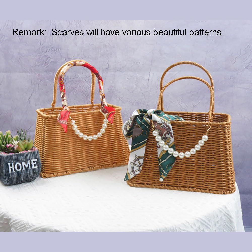RT&BS Rattan-Stil gewebter Korb - Eleganter handgewebter Blumenkorb, Osterkörbe mit Griff, Geschenkkörbe für Heimdekoration, Hochzeit, Picknick, Party (Schal & Perlendekoration)
