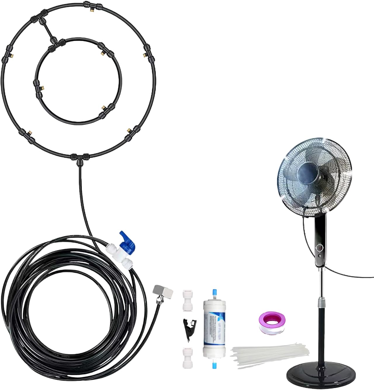 Kit de Brumisation pour Ventilateur Extérieur, Brumisateur Terrasse Exterieur, Système de Refroidissement par Brumisation pour Terrasse, Patio, Cour et Balcon (Runde-2)