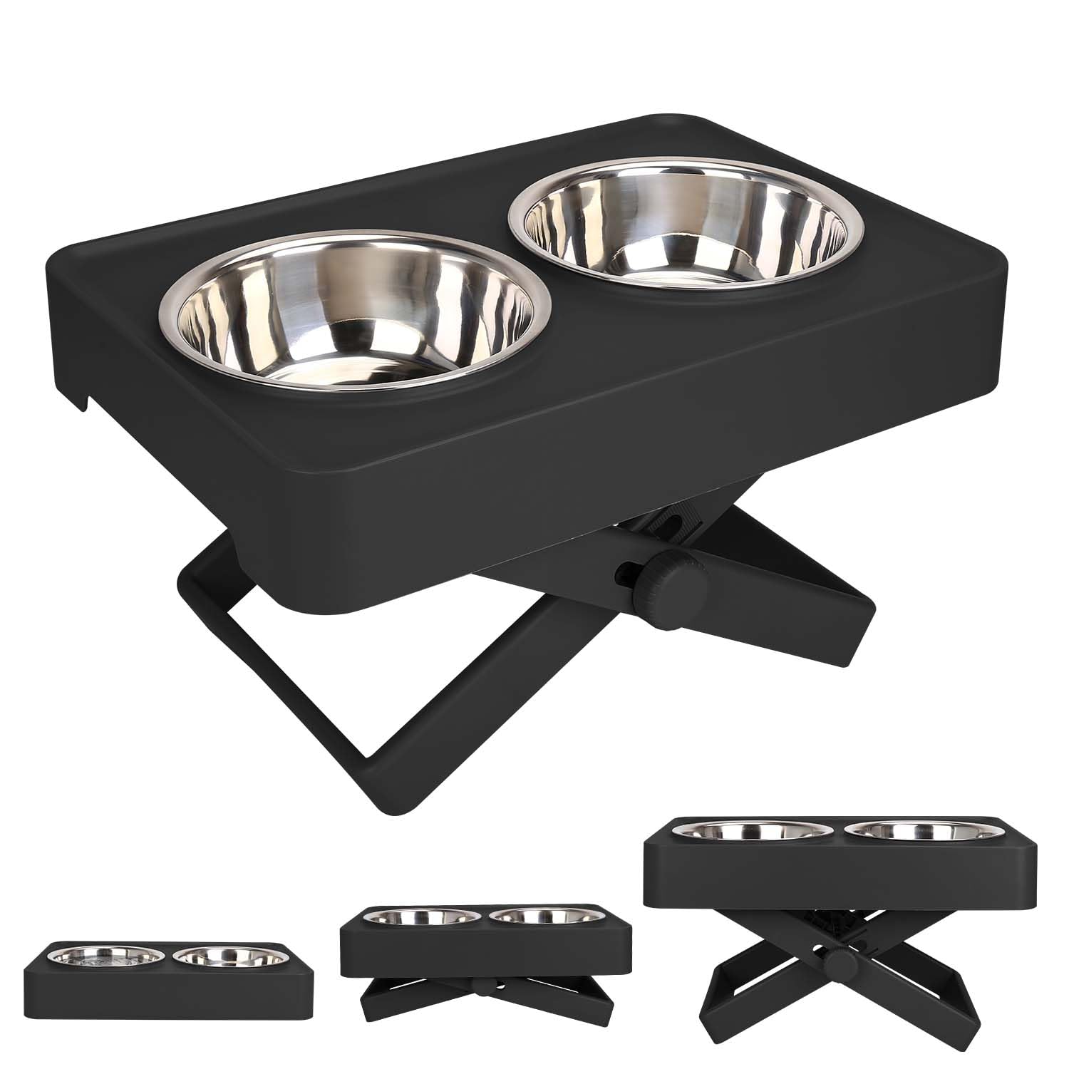 Elevated Dog Bowls, Adjustable Stable X-Design Stand Feeder Dog Bowl with 2 Stainless Steel Food & Water Bowls, Non-Slip Heights from 2.75'' to 9.8'' for Small Medium Large Dogs and Cats, Black