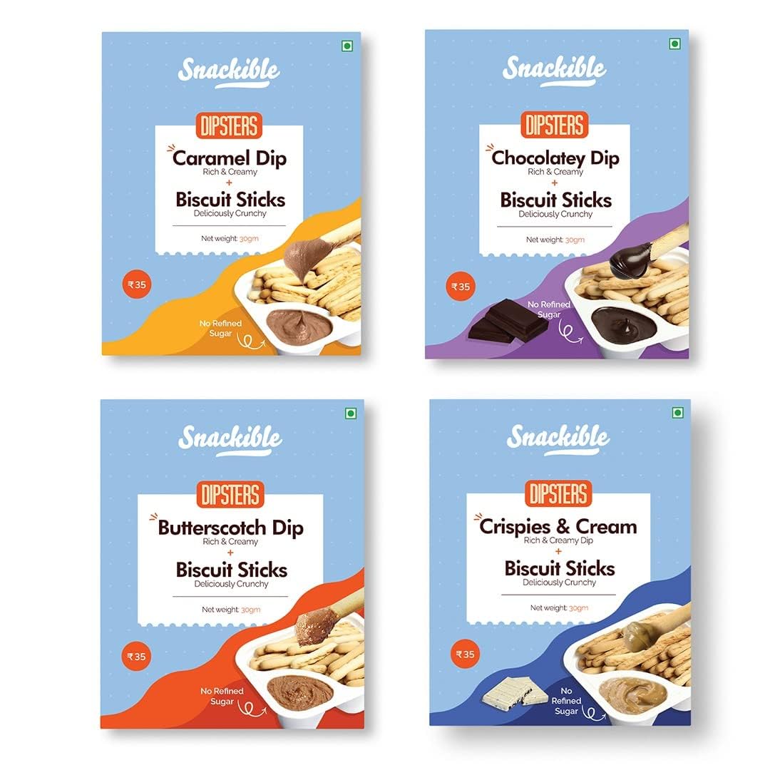 Snackible Dipsters Biscuit Sticks & Dip - Assorted Pack of 4 Flavours | Chocolatey, Butterscotch, Caramel, Cookies & Cream | (Pack of 24) - 24x30gm | Baked | Healthy Dip and Biscuit Sticks | Mixed Flavors | Creamy Dips