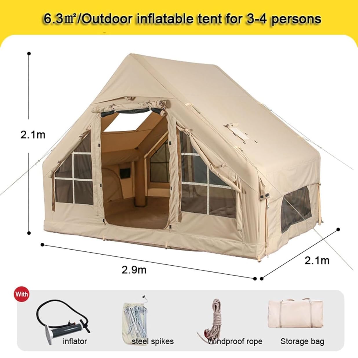 Tenda da campeggio gonfiabile, design pop up con 2 porte e 4 finestre a rete per ventilazione, antivento e facile da installare, per avventure all'aperto in famiglia