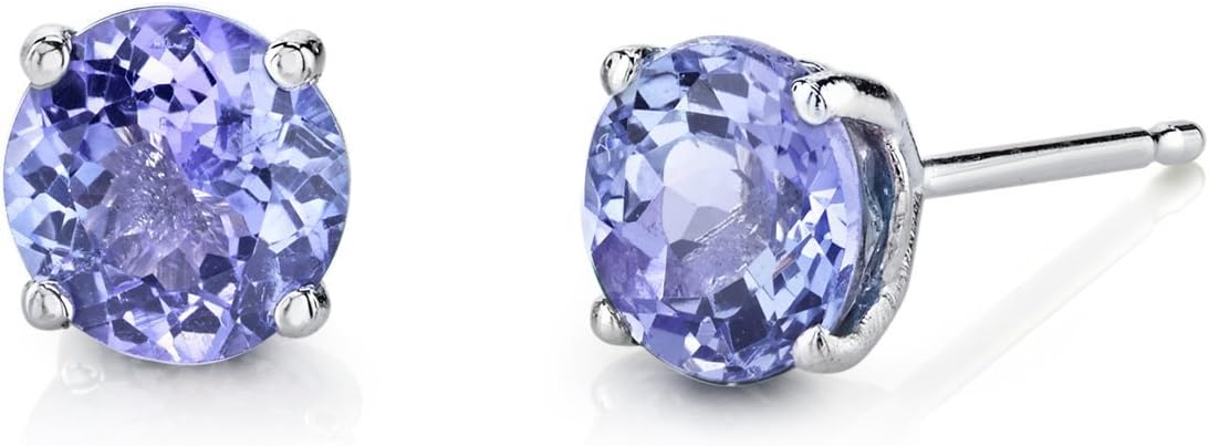 Peora 14K White Gold Tanzanite Stud Earrings for Women, Genuine Gemstone, Classic Solitaire Round Shape, 6mm, 1.50 Carats total, Friction Back, Tanzanite Gold Earrings, Dainty Earrings Studs