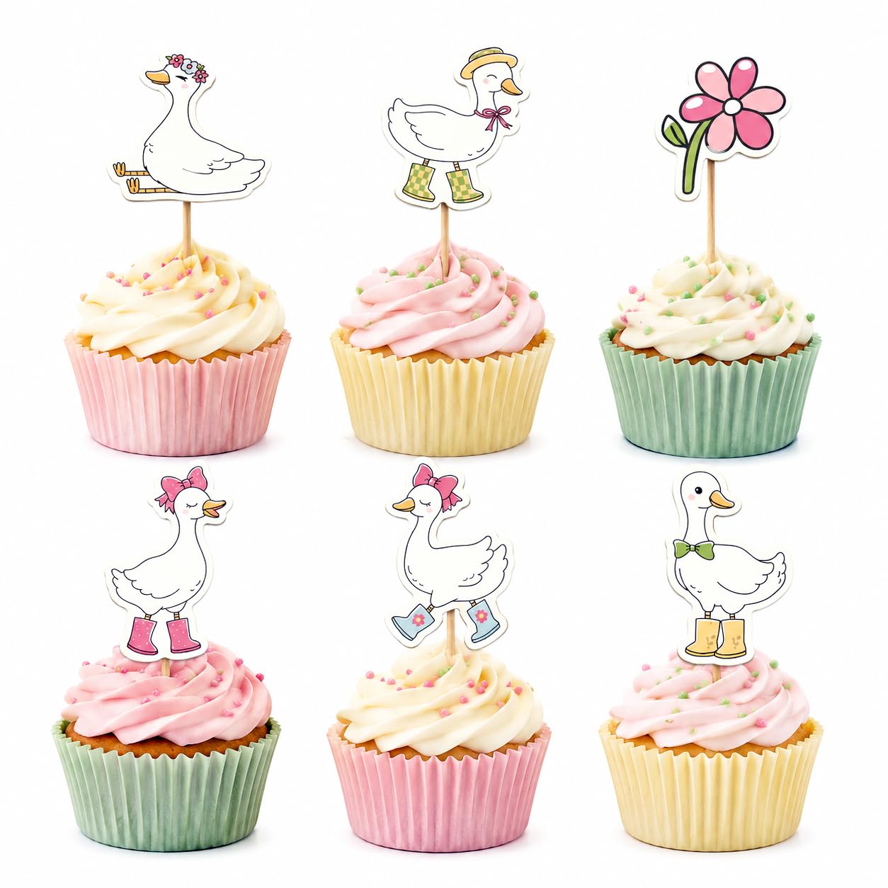 Arthsdite 24 Pcs Goose Cupcake Toppers Cute Duck Cake Decorations Flower Goose Cupcake Picks for Baby Shower Birthday Farm Animal Garden Party Supplies