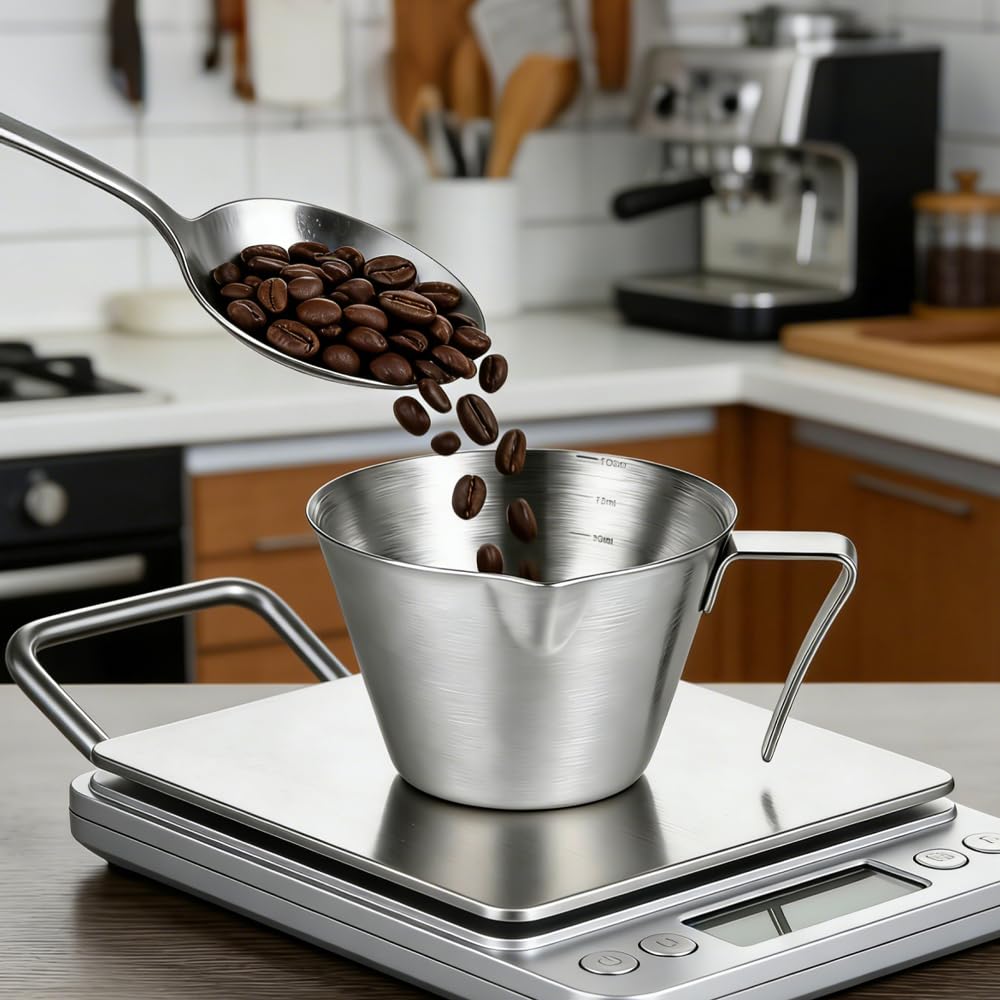 2-częściowy kubek z miarką do espresso z uchwytem, 100 ml kubek z miarką do espresso ze stali nierdzewnej, z ustami w kształcie litery V i skalą, akcesoria do kawy, do kawy, mleka, śmietany