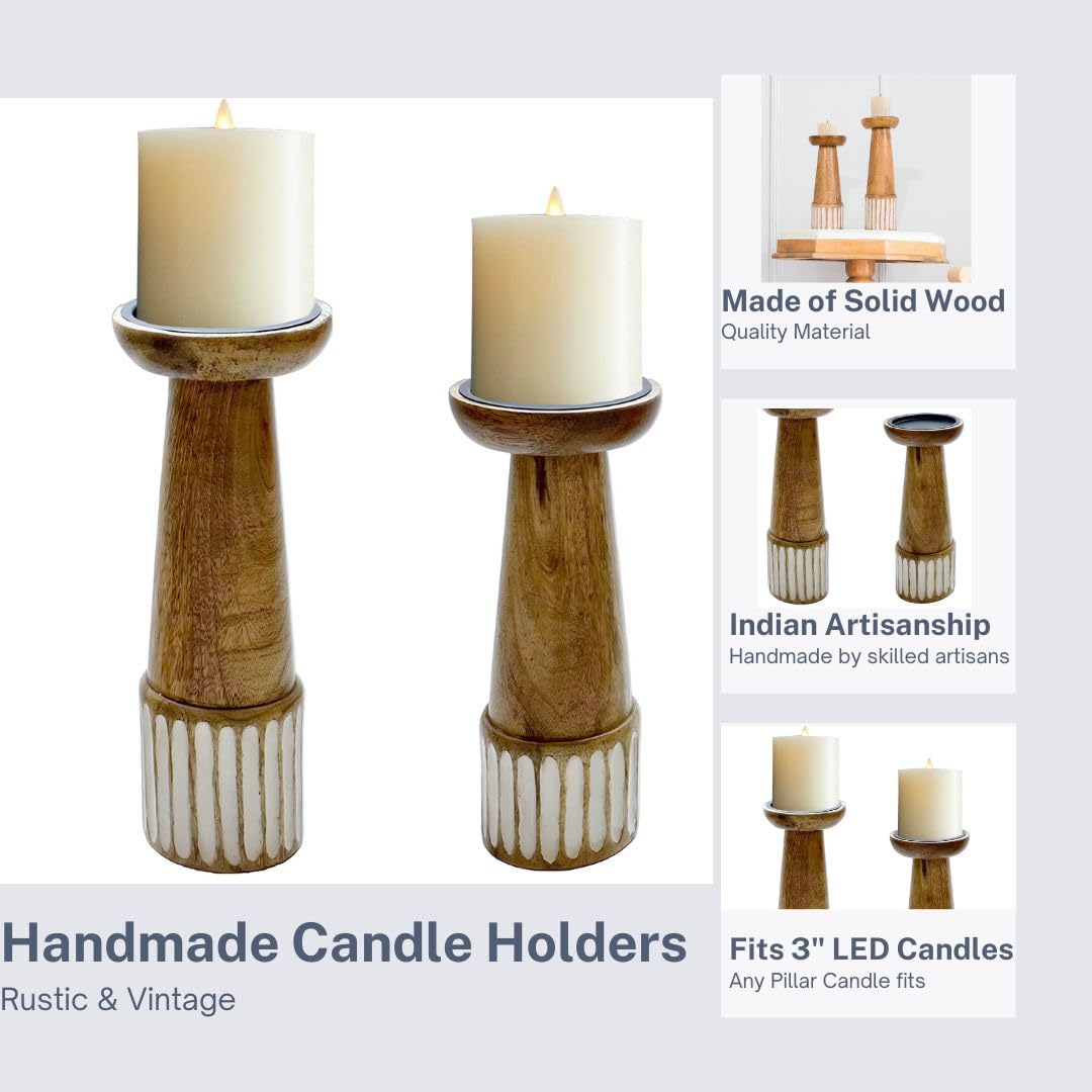 Perilla Home Wooden Pillar Candle Holders Set of 2 - Home Decor Candle Holder Centerpiece - for, Taper Candles, Dining Table Candle Holder Halloween, Home Decor, Candlesticks - Rustic Brown