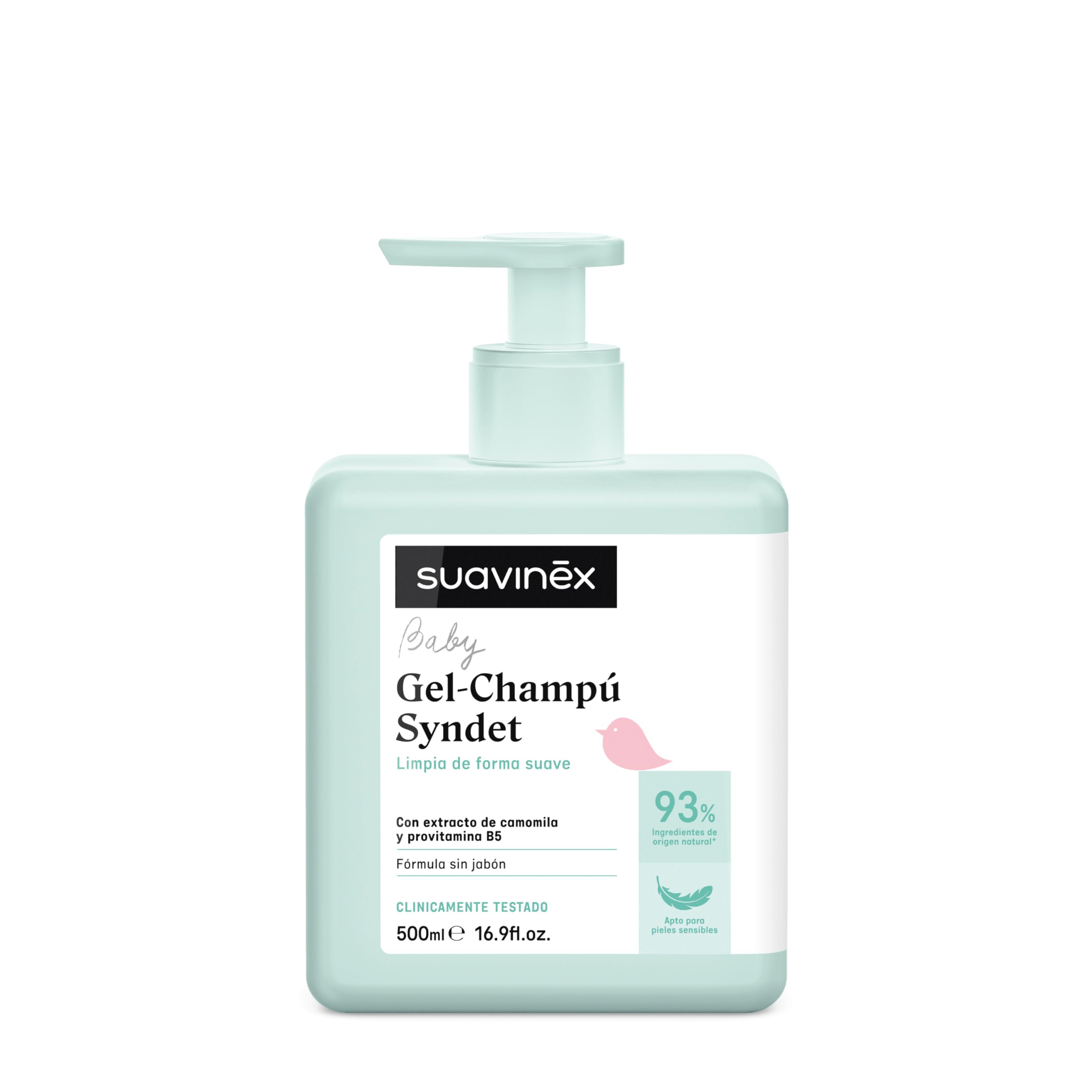 Suavinex, Gel - Champú Syndet para Bebés, sin Jabón, Apto para Pieles Sensibles y Recién Nacidos, No Pica en los Ojos, 93% Ingredientes de Origen Natural, Gel-Champú para Piel y Cabello, 500 ml