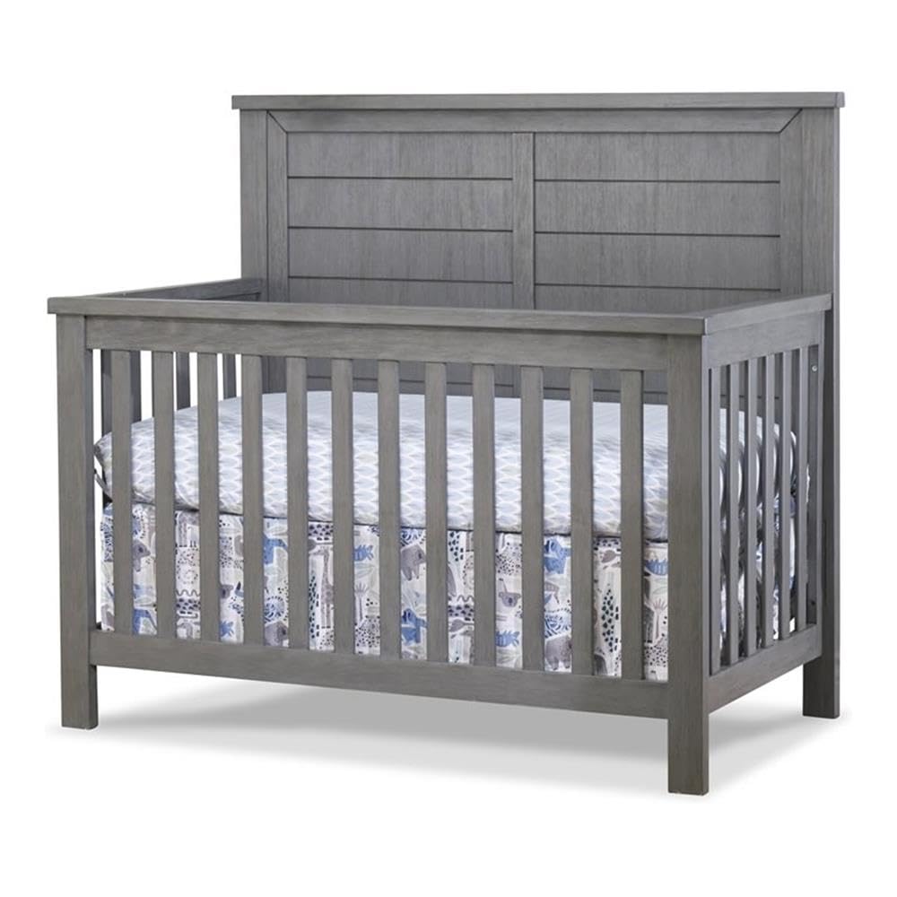 Pemberly Row Modern Wood Crib, Grigio Gray Finish, Solid Panel and Slat Design, Converts to Toddler Bed, Daybed or Full-Size Bed, 48