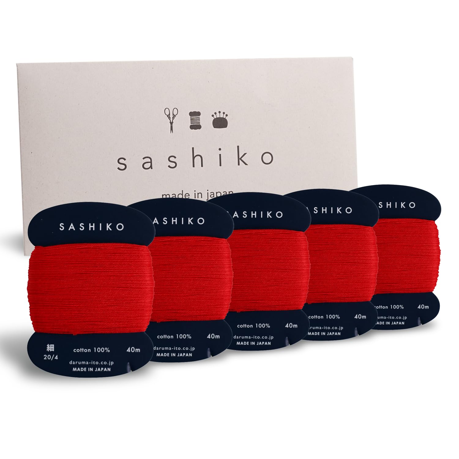 DARUMA Sashiko Hilo 100% algodón tipo tarjeta (43.7 yardas) x 5 piezas con manual en inglés, costura y bordado con paquete de regalo (rojo)