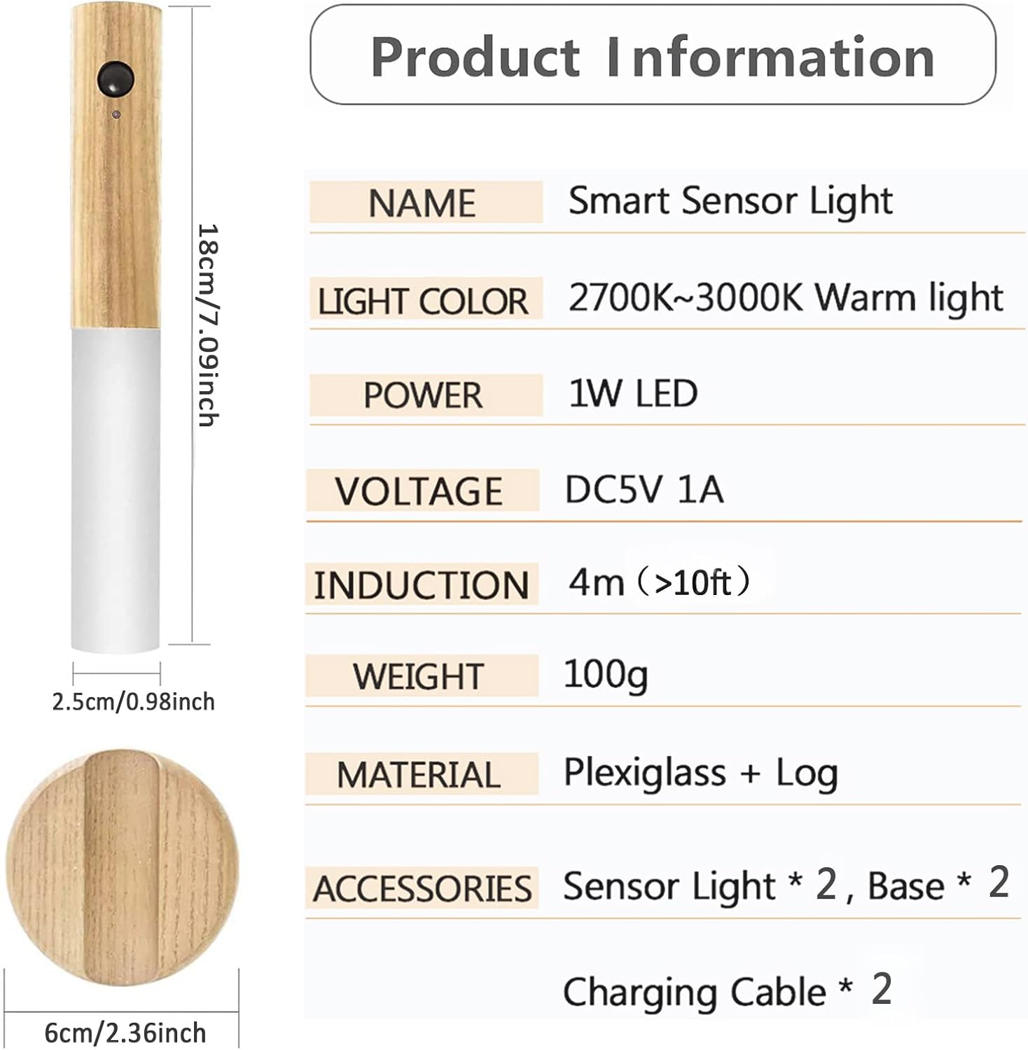 Motion Sensor Night Light Set of 2 Battery Operated Wall Lights 3-Modes USB Rechargeable Magnetic Wall Lamps Wireless Wall Sconces LED Mini Wood Stick On Portable for Bedroom Aisle Stairs