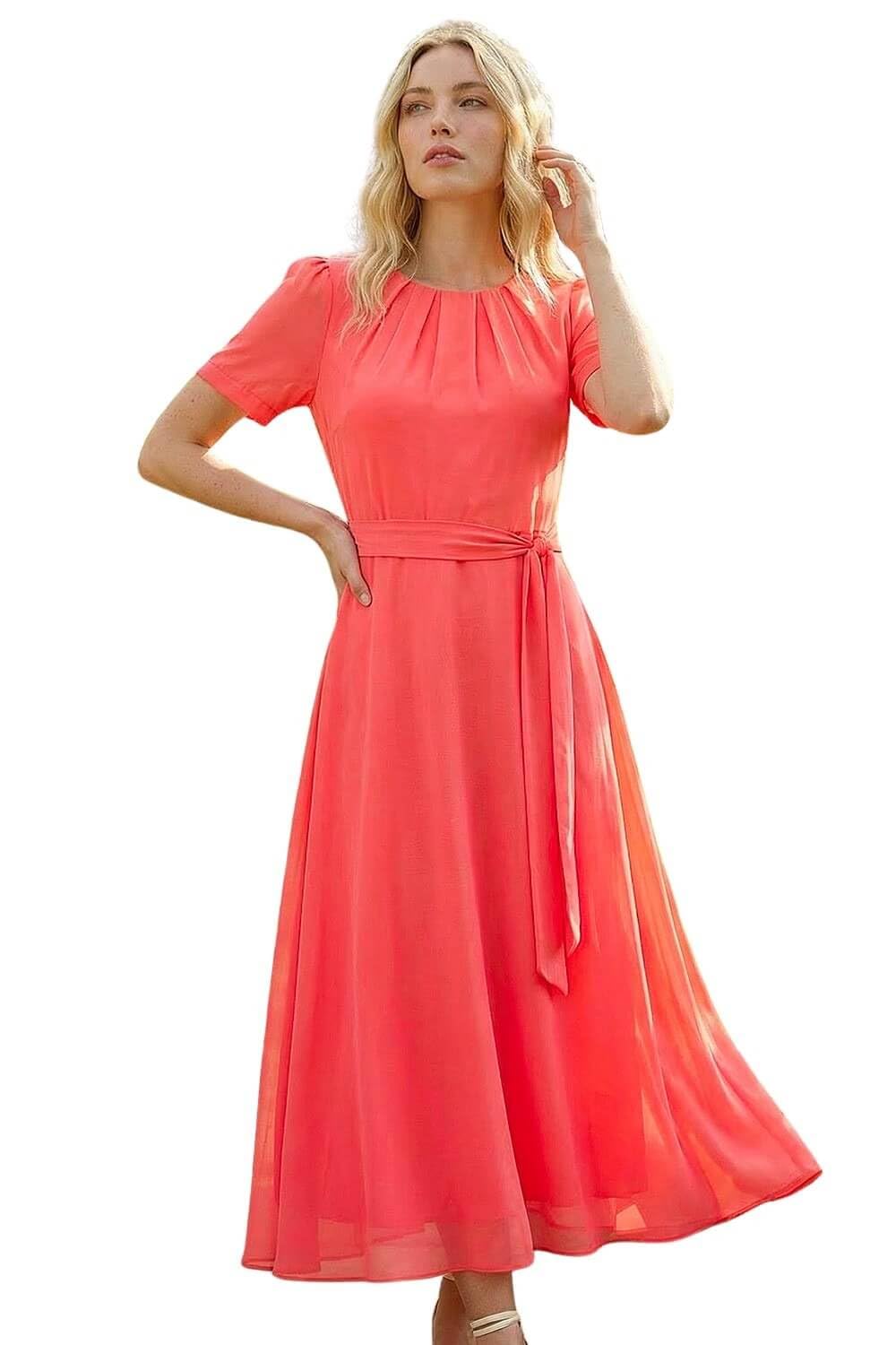 Roman Women's Coral Pleated Chiffon Midi Dress Size 16