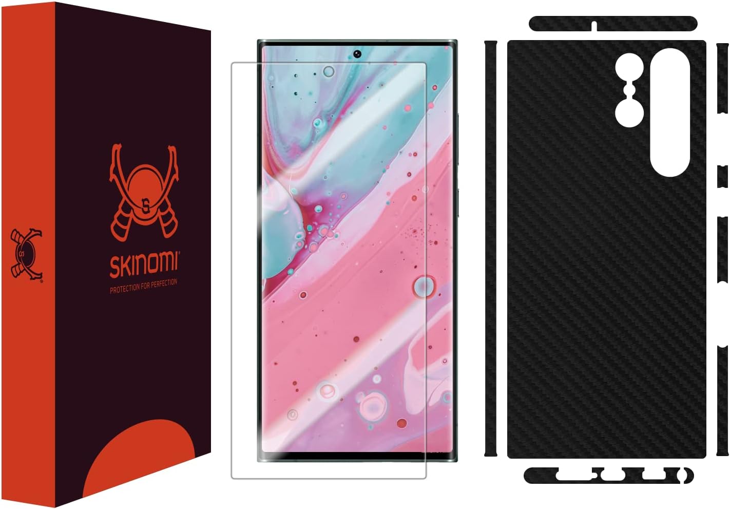 Skinomi Black Carbon Fiber Full Body Skin Compatible with Samsung Galaxy S22 Ultra (Full Coverage) TechSkin with Anti-Bubble Clear Film Screen Protector
