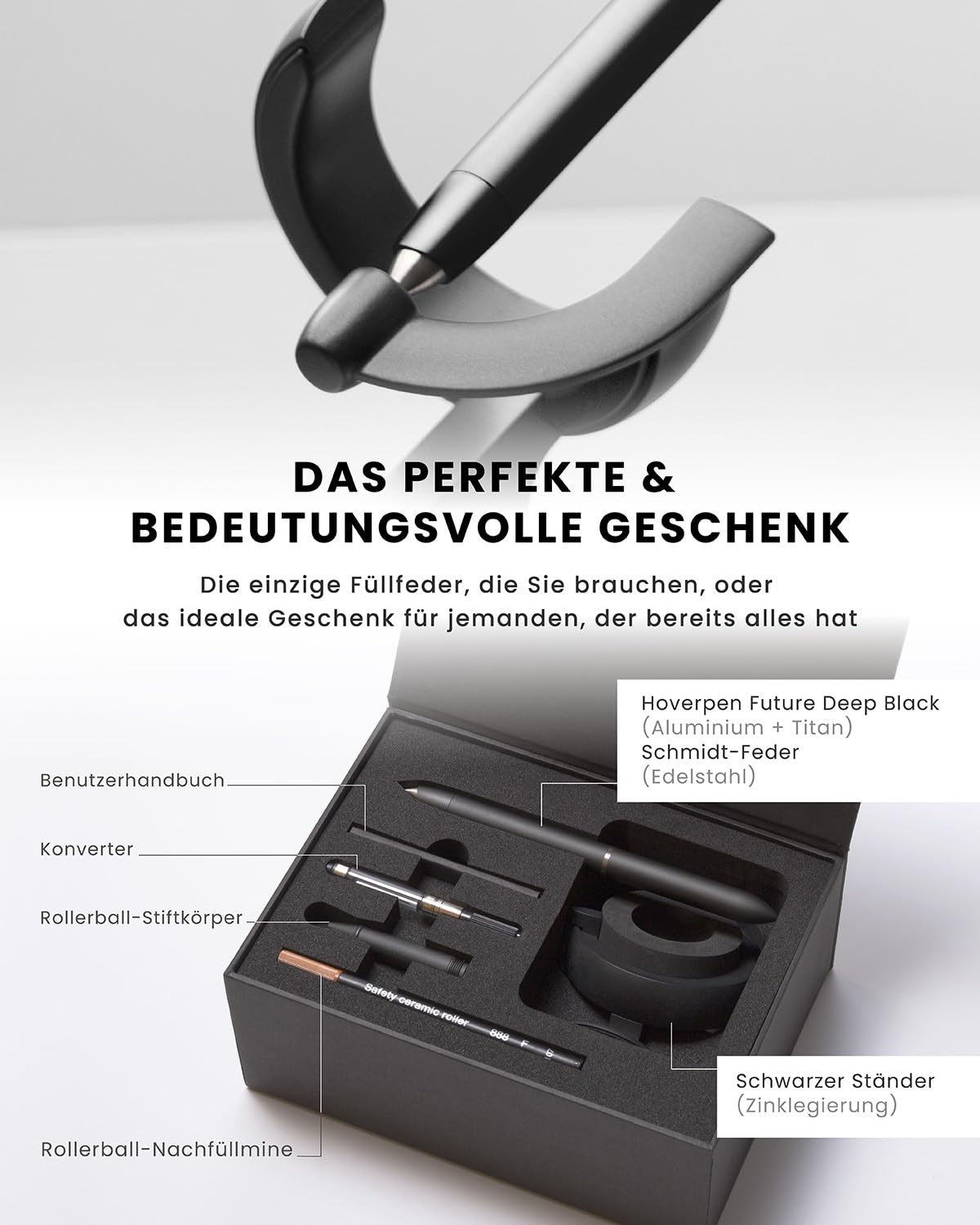 novium Hoverpen Future - Schwebende Füllfeder & Rollerball, Deep Black | Modularer Stift (2-in-1) mit magnetischer Schwebetechnik, Raumfahrt-Design, Schmidt-Nachfüllminen, Premium-Geschenkidee