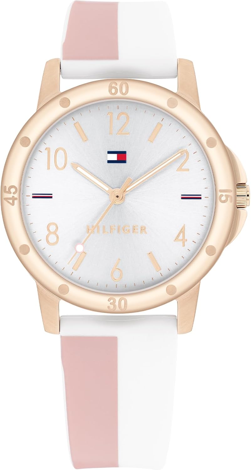 Tommy Hilfiger Zegarek kwarcowy z trzema wskazówkami dla młodzieży, ze stalową bransoletą lub paskiem silikonowym, dostępny w kolorze srebrnym, niebieskim, różowym lub czarnym