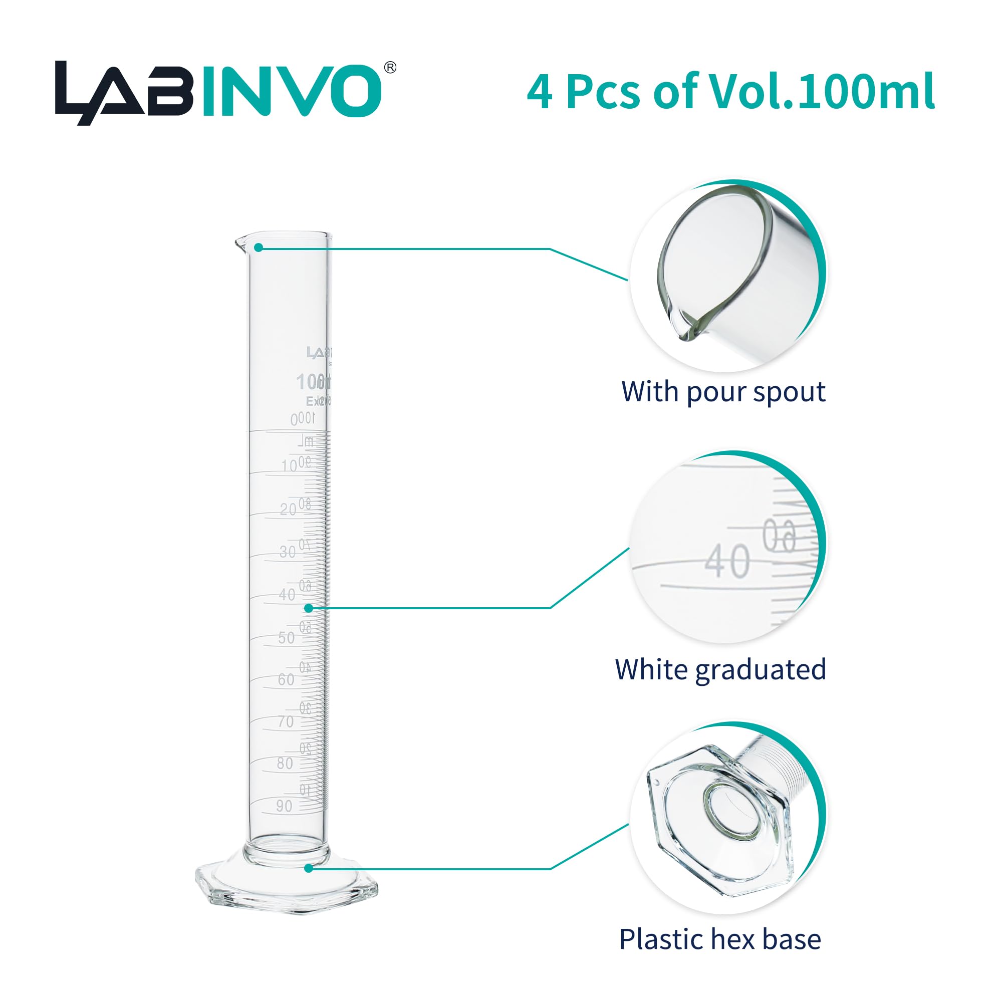IN-MCG100 - Cilindro graduato, 100 ml, set di 4 cilindri graduati, in vetro borosilicato 3.3, classe B, IN-MCG100