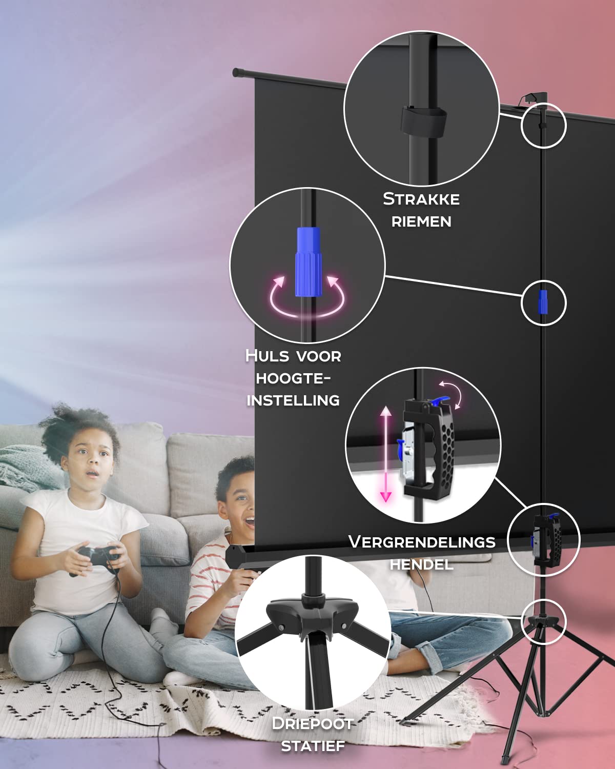 PropVue Projectiescherm met standaard, 60 inch (ca. 152 cm) projectiescherm voor binnen en buiten, voor film- of kantoorpresentatie, 16:9 HD-premium kreukvrij statiefscherm