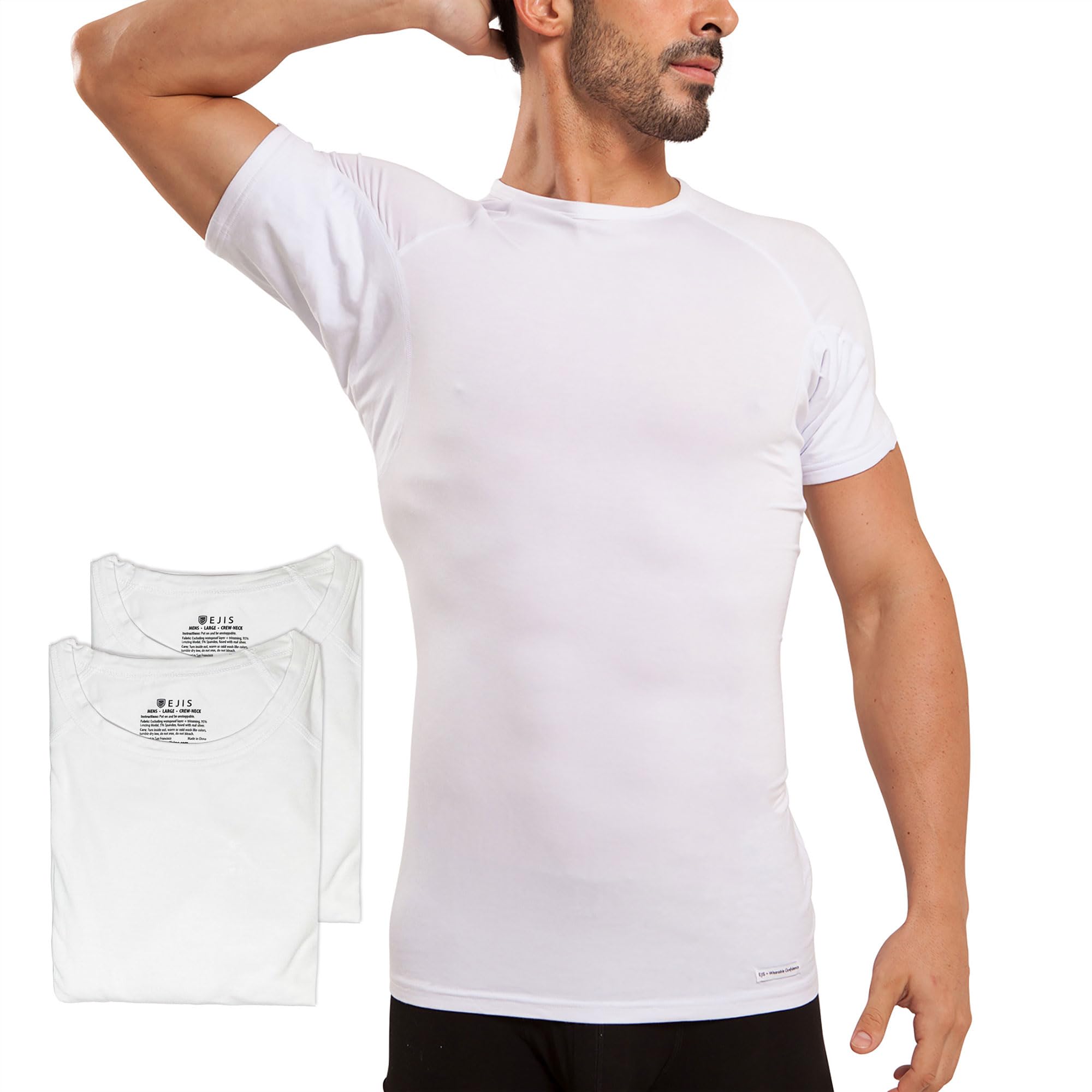 Sweatproof Undershirt Mens Modal Crew w Sweat Pads, Silver Treated to Fight Embarrassing Odor Aluminum Free Alternative 3pk